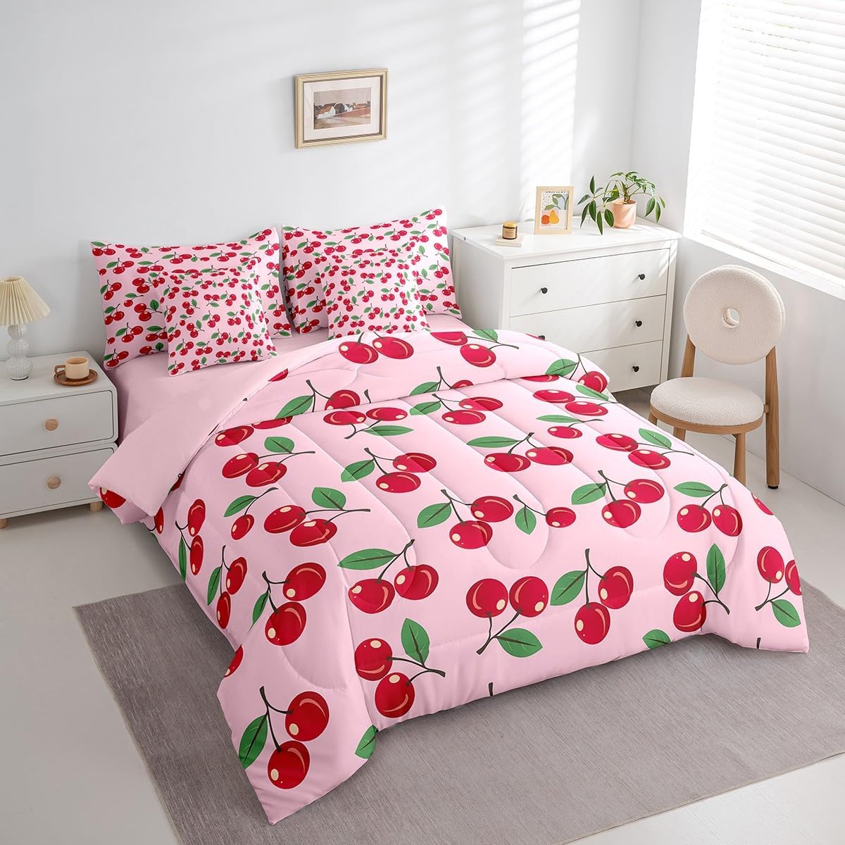 Erosebridal Cherry 7 Piece Bedding Set Full Red Fruit Cherry Comforter Set with Sheets Cute Tropical Fruit Bed in A Bag for Kids Boys Girls Teen,Summer Cherry Pink Kawaii Bed Set Room Decor