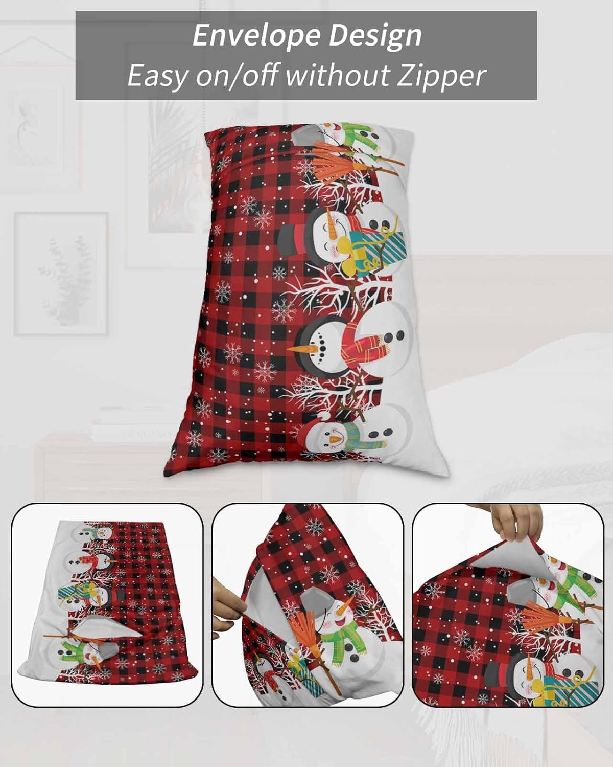 Snowman Standard Size Pillowcases,2 Packs Soft Bed Throw Pillow Covers Sham Decorative Sofa Couch Long Body Lumbar Cushion Case Envelope Closure,Winter Christmas Snowflake Red Rustic Plaid 20"x26"