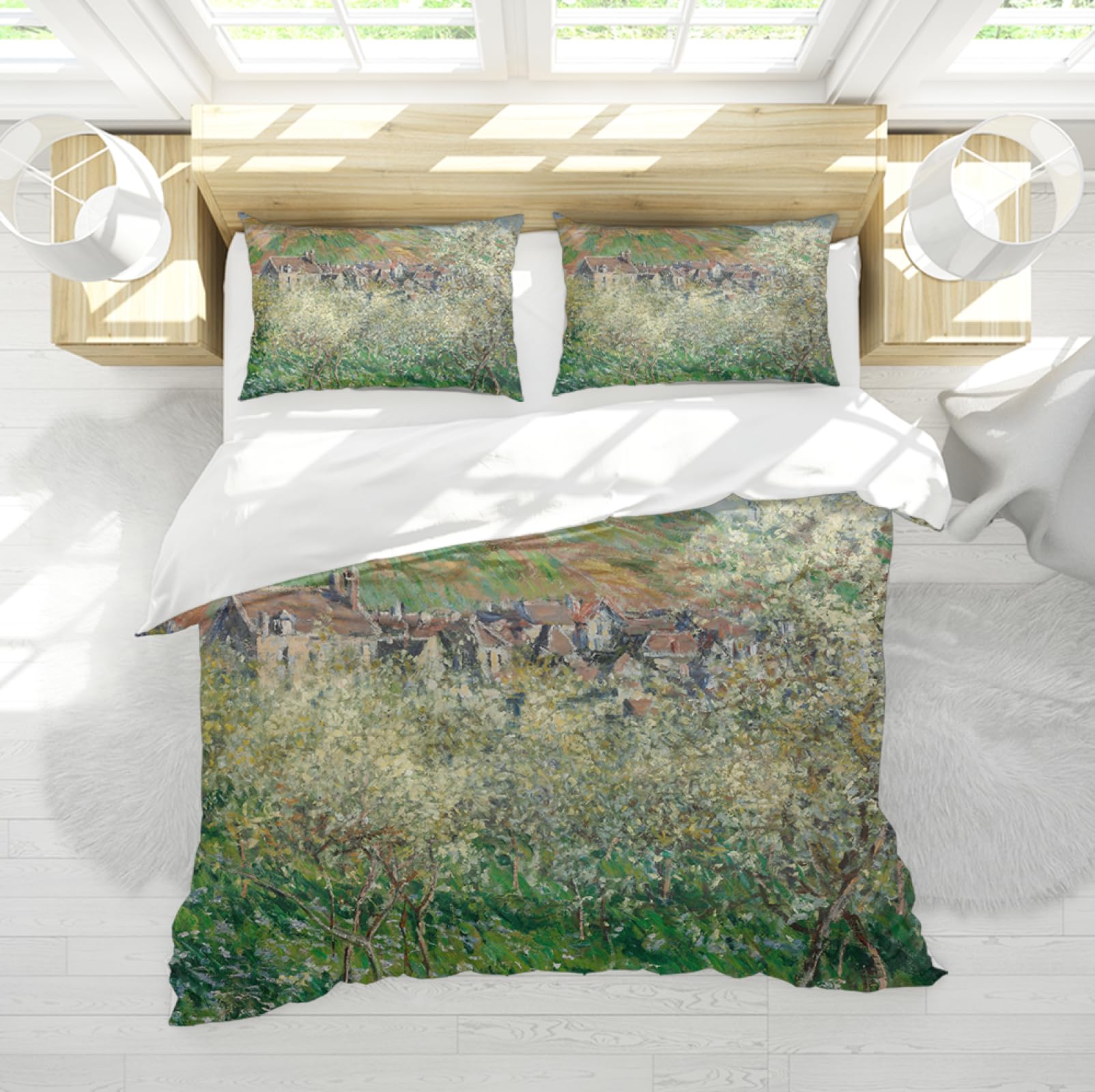 Zestaw pościeli w stylu wiejskim, Claude Monet Art, poszwa na kołdrę z zamkiem błyskawicznym, 2 poszewki na poduszki, kwiatowy i botaniczny, 3-częściowy zestaw poszewek na kołdrę 140 x 200 cm