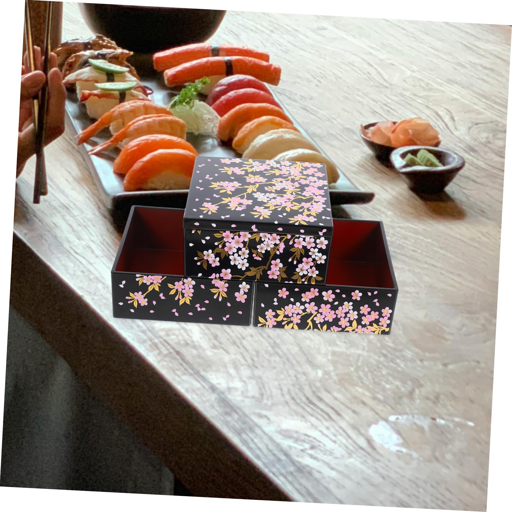Hemobllo Boîte à Bento Japonaise à 3 Niveaux, Plateau de Service à Sushis en Abs, Motif Fleur de Cerisier, pour Pique-niques et Réunions