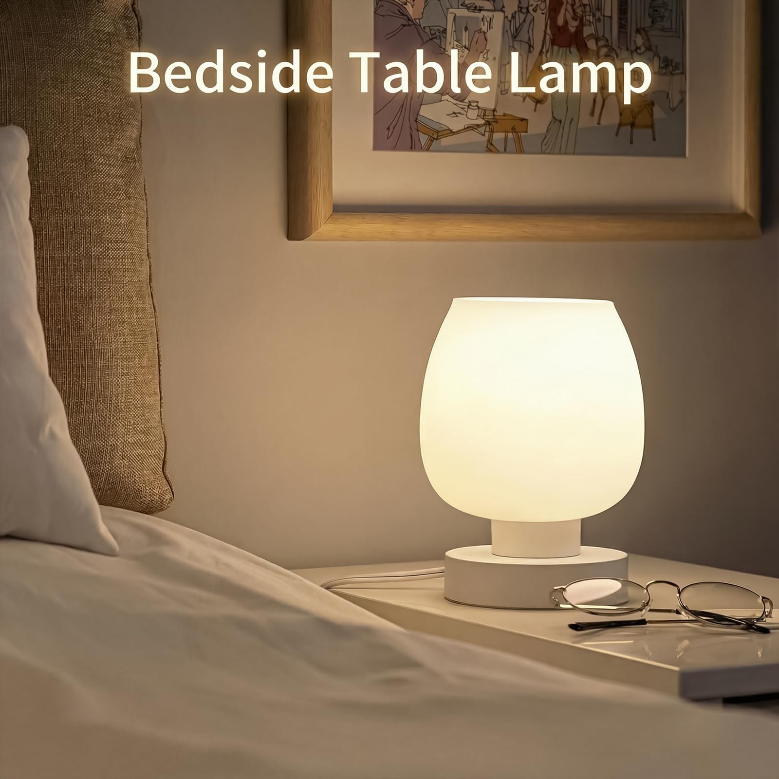 ONEWISH Lampe de Chevet Tactile - Lampe de Table Intensité Variable 3 Voies pour Chambre à Coucher, Salon, Abat-Jour en Verre Opale, Ampoule LED Incluse, Blanc