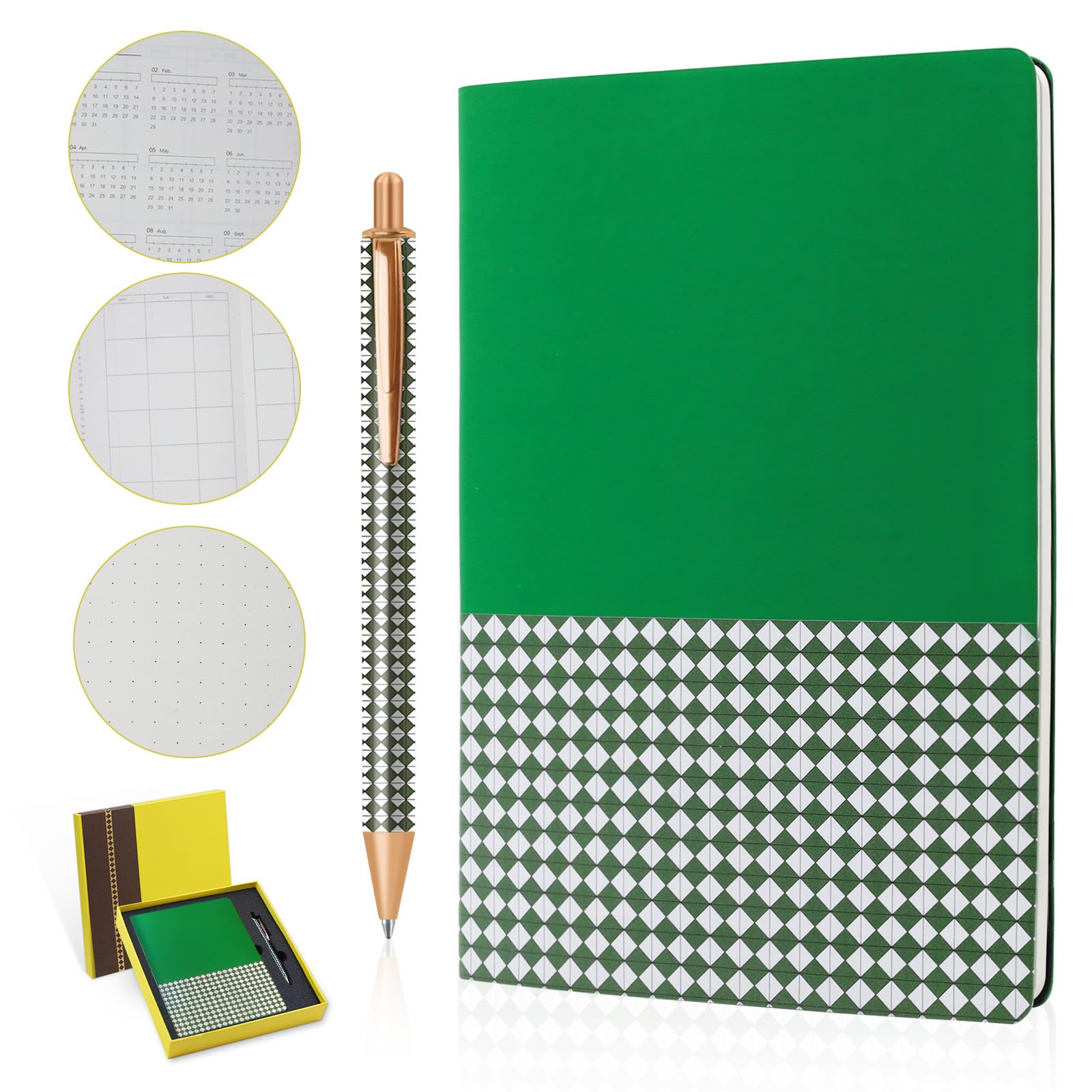 TUNJILOOL Juego de papelería - Cuaderno Amarillo Tea Curry*1+Lápiz Verde*1, Caja de Regalo Navideña Caja de Regalo para Cuaderno con Bolígrafo Mosaico (Verde+Verde)
