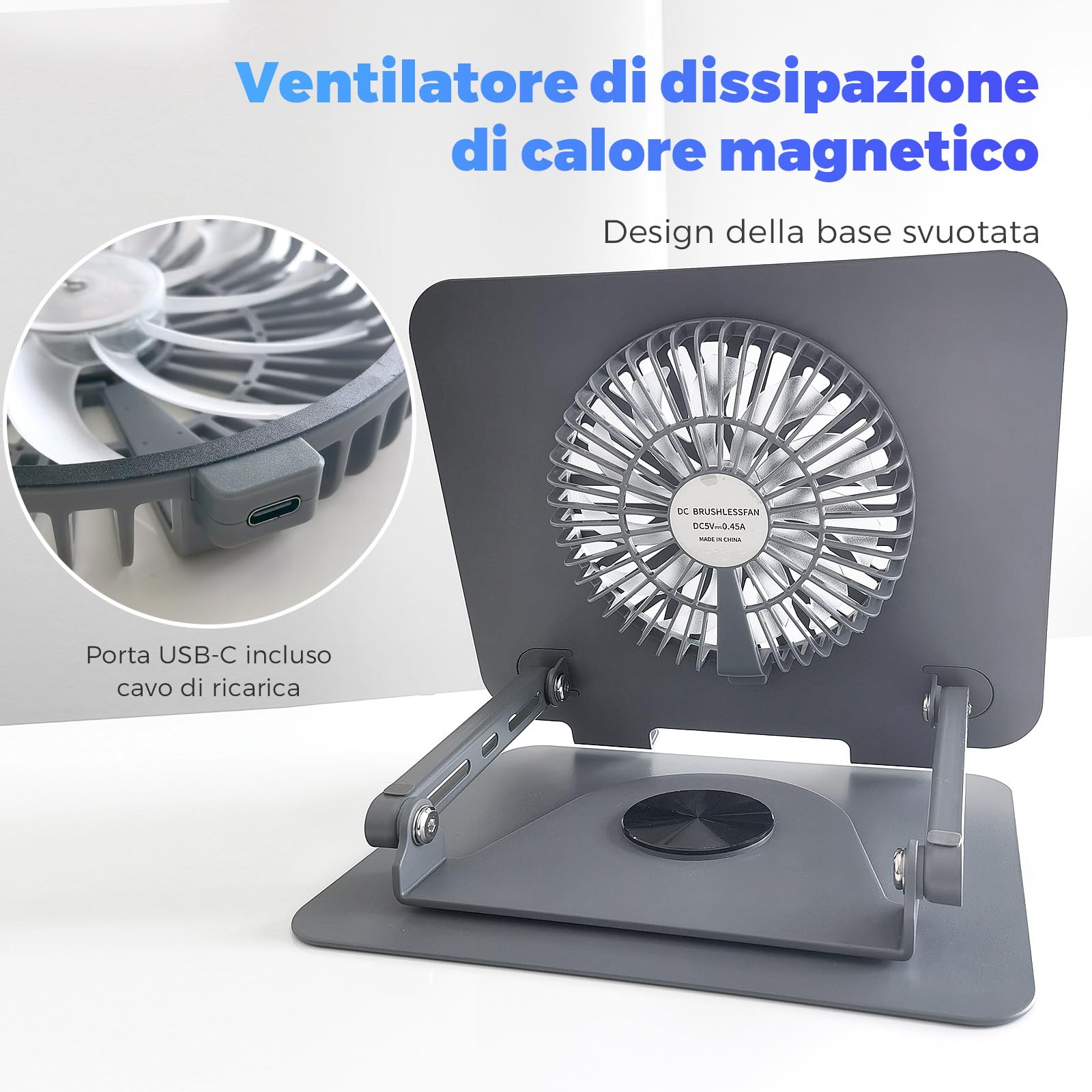 Supporto per laptop in alluminio, girevole a 360°, pieghevole, con ventola magnetica per raffreddamento, compatibile con MacBook e dispositivi da 10 a 17,3 pollici (grigio scuro)