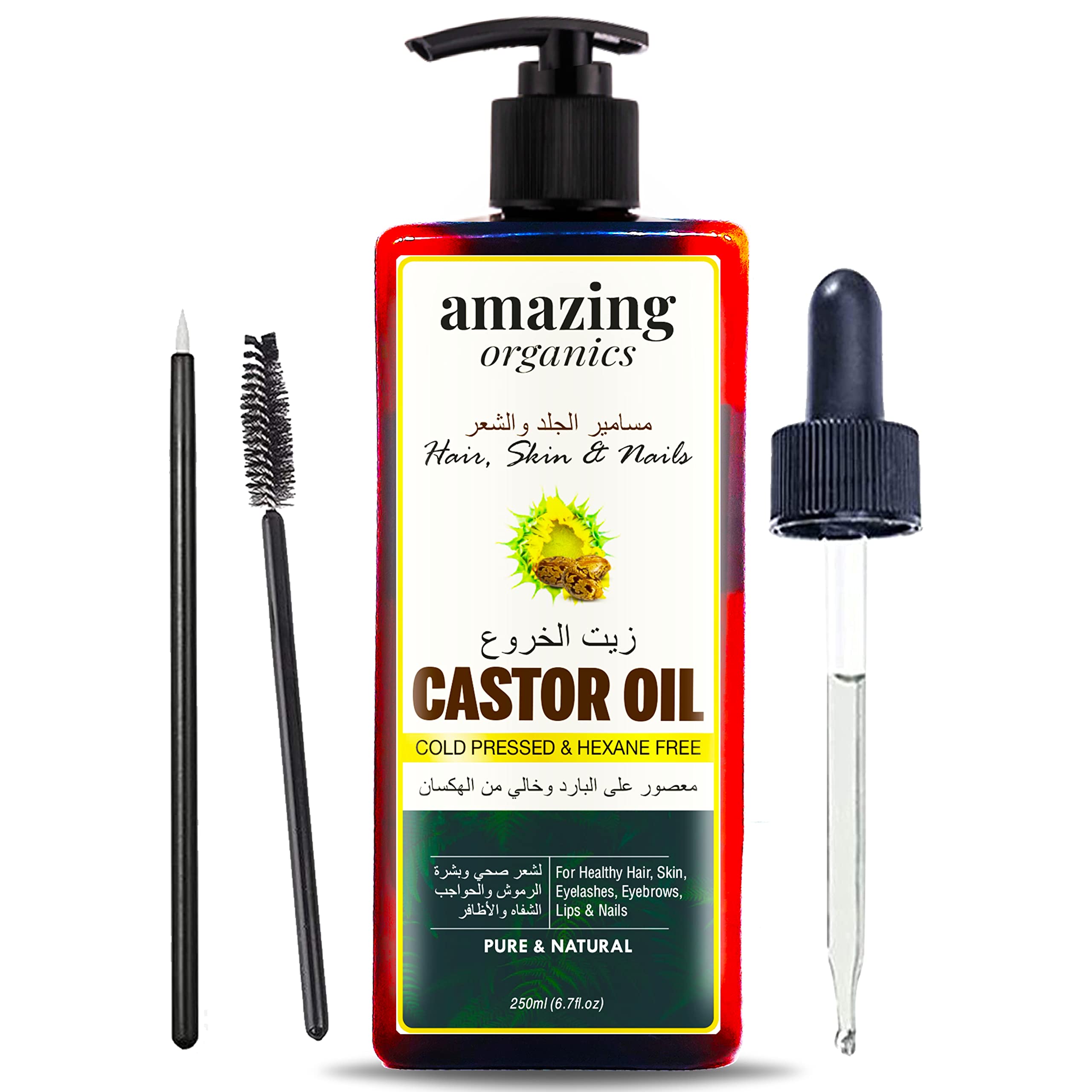 Amazing Organics Castor Oil for 100% Pure, Cold Pressed, Hexane Free, Stimulate Growth for Eyelashes, Eyebrows, Hair & Healthy Nails