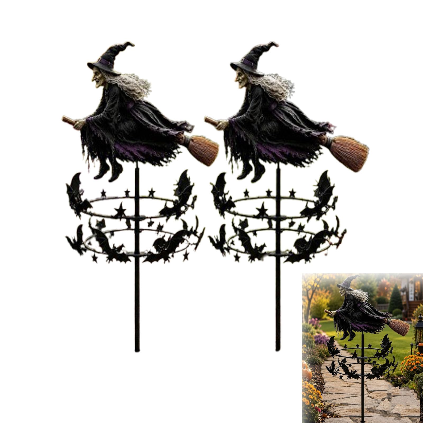 The Enchanted Witch Garden Wind Spinner, Metal Halloween Yard Art Outdoor Decor, Witch Wind Sculpture with Bat Spinner, Stable Ground Stake for Autumn Lawn, Patio, Gothic Ornament (2pcs)