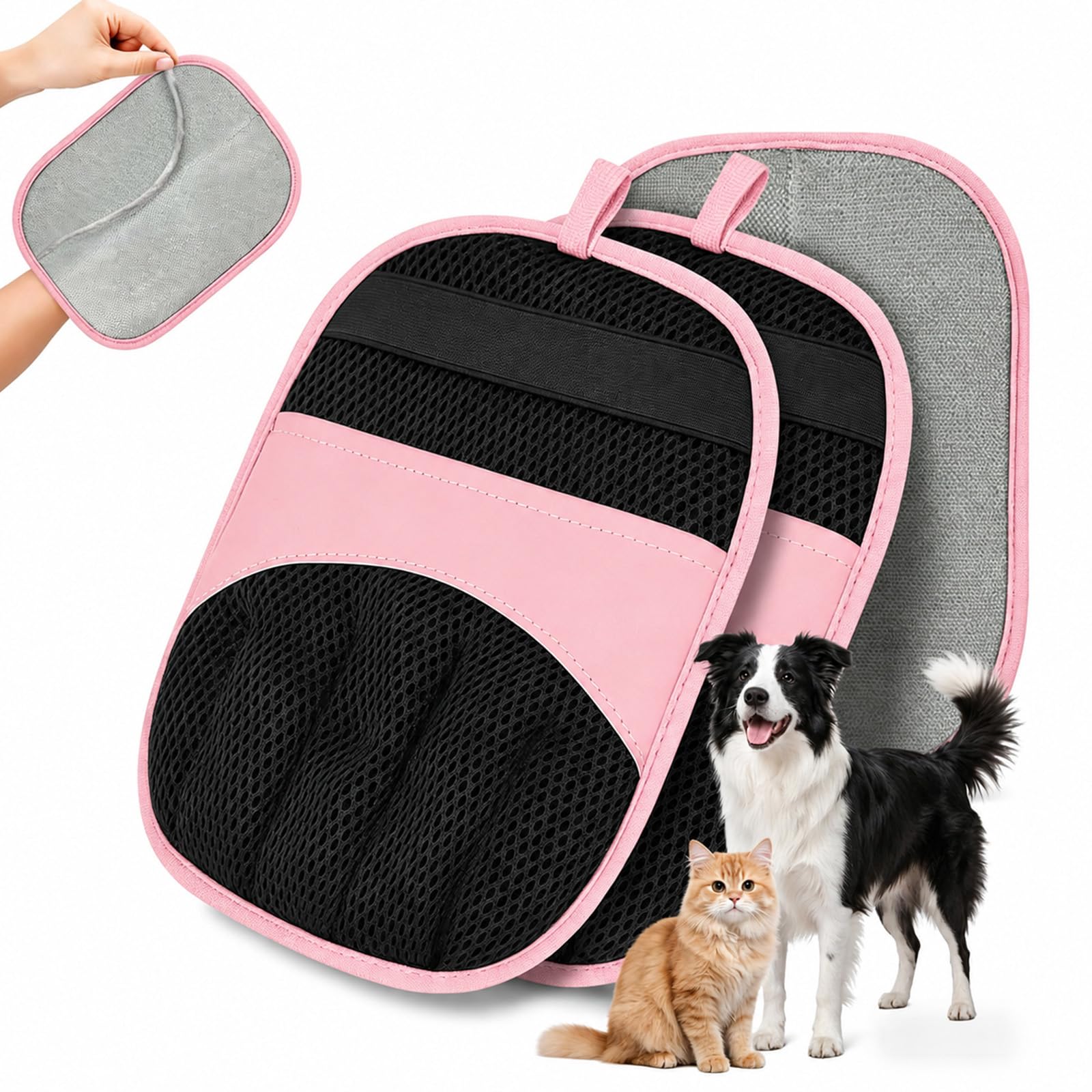 2 Pack Pet Hair Removal Glove, Five-Finger Electrostatic Glove, Reusable Pet Grooming Glove, Magic Brush Glove Deshedding Glove, Pet Hair Remover for Dog Cat, Furniture, Car Seat, Clothes (Pink)