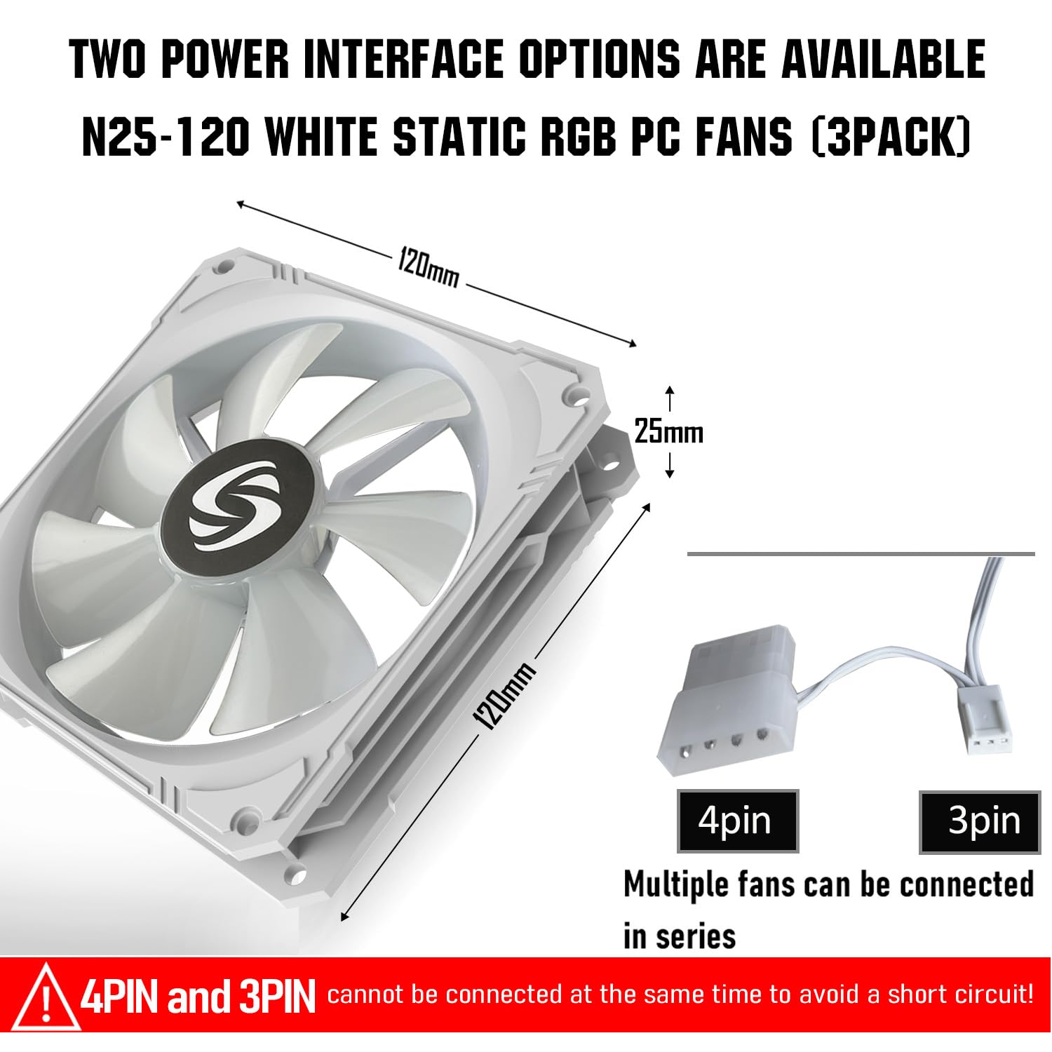 120mm Case Fan 3 Pack RGB Case Fans, N25-120 White Silent 1,200rpm PC Fans, Hydraulic Bearing - White 120mm RGB Fans with 12v 3 pin and molex 4 pin PSU plug Computer Fans for PC Case