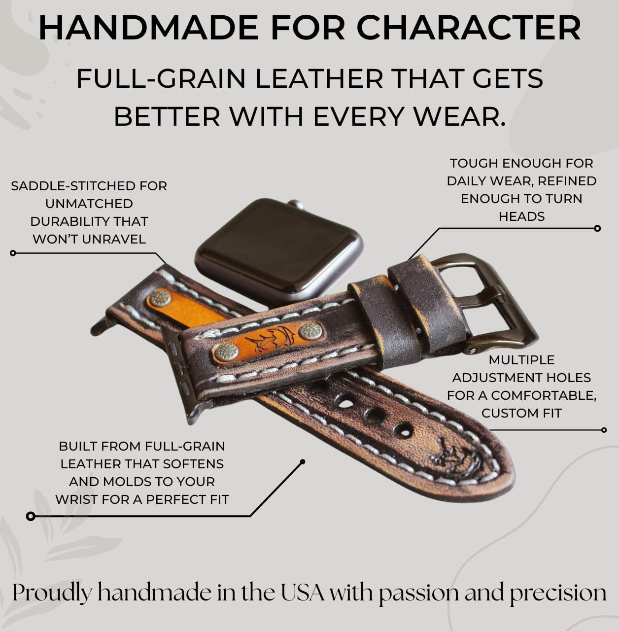 Leather Apple Watch Band for Men – Black and Tan Strap Compatible with Series 10 SE Ultra 46mm 45mm 44mm 42mm, Full Grain Watch Band with Stud Accents