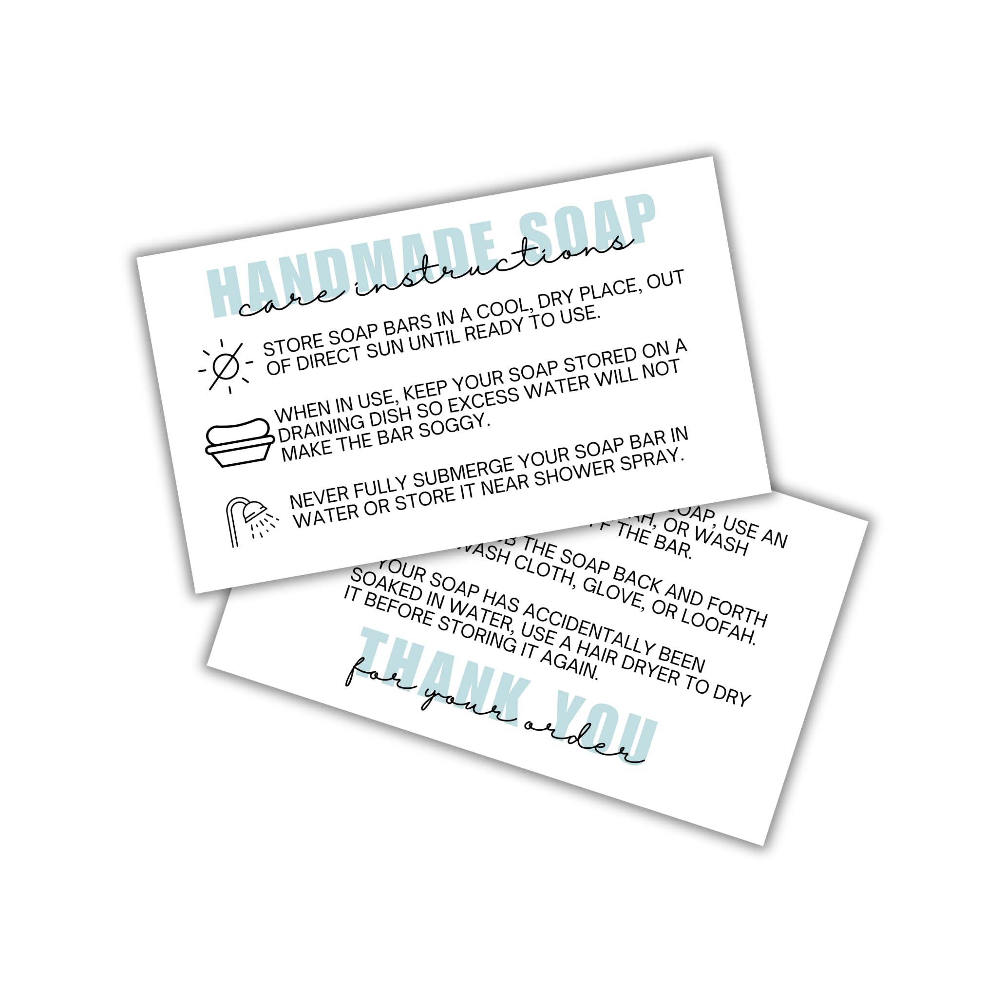 Handmade Soap Care Instruction Cards | 50 pk 2x3.5” Packaging Client Inserts Loofah Business Thank You Cardboard Sleeves Gift