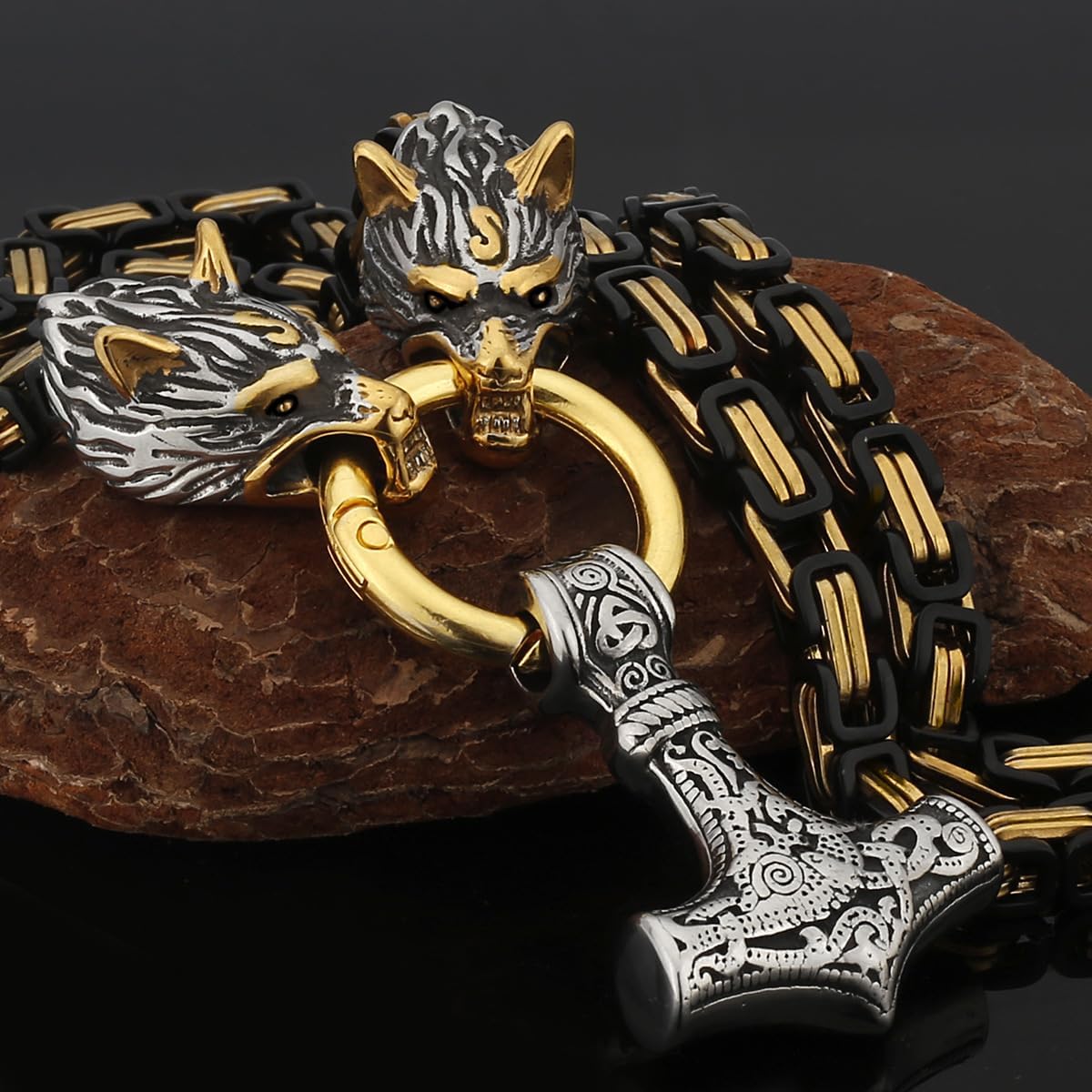 Men's Wolf Head Mjolnir Necklace, Stainless Steel Thor's Hammer Amulet Pendant Jewelry with Large Stainless Steel Handmade Byzantine Wolf King Chain Gold Silver Black,Silver,70cm