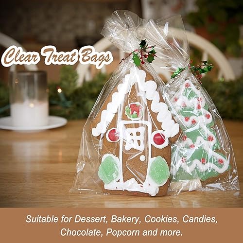 Miniatura 9 de Morepack Bolsas de celofán para golosinas, 200 bolsas de regalo transparentes con lazos giratorios, bolsas de recuerdo de fiesta (7 x 7 pulgadas)