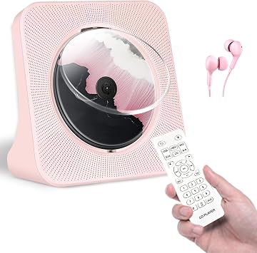 Desktop CD Player for Home, with Bluetooth 5.0, FM Radio, AUX, USB, Repeat Playback, Portable Music CD Players with Hi-Fi Speaker, LED Screen, Remote Control, Dust Cover, Pink Earphones