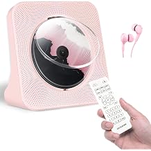 Desktop CD Player for Home, with Bluetooth 5.0, FM Radio, AUX, USB, Repeat Playback, Portable Music CD Players with Hi-Fi Speaker, LED Screen, Remote Control, Dust Cover, Pink Earphones