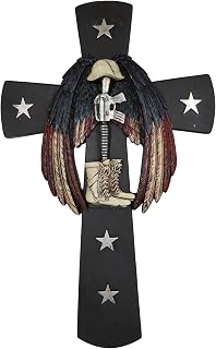 Ebros Gift Rustic Western Stars Angel Winged USA Flag Memorial Wall Cross