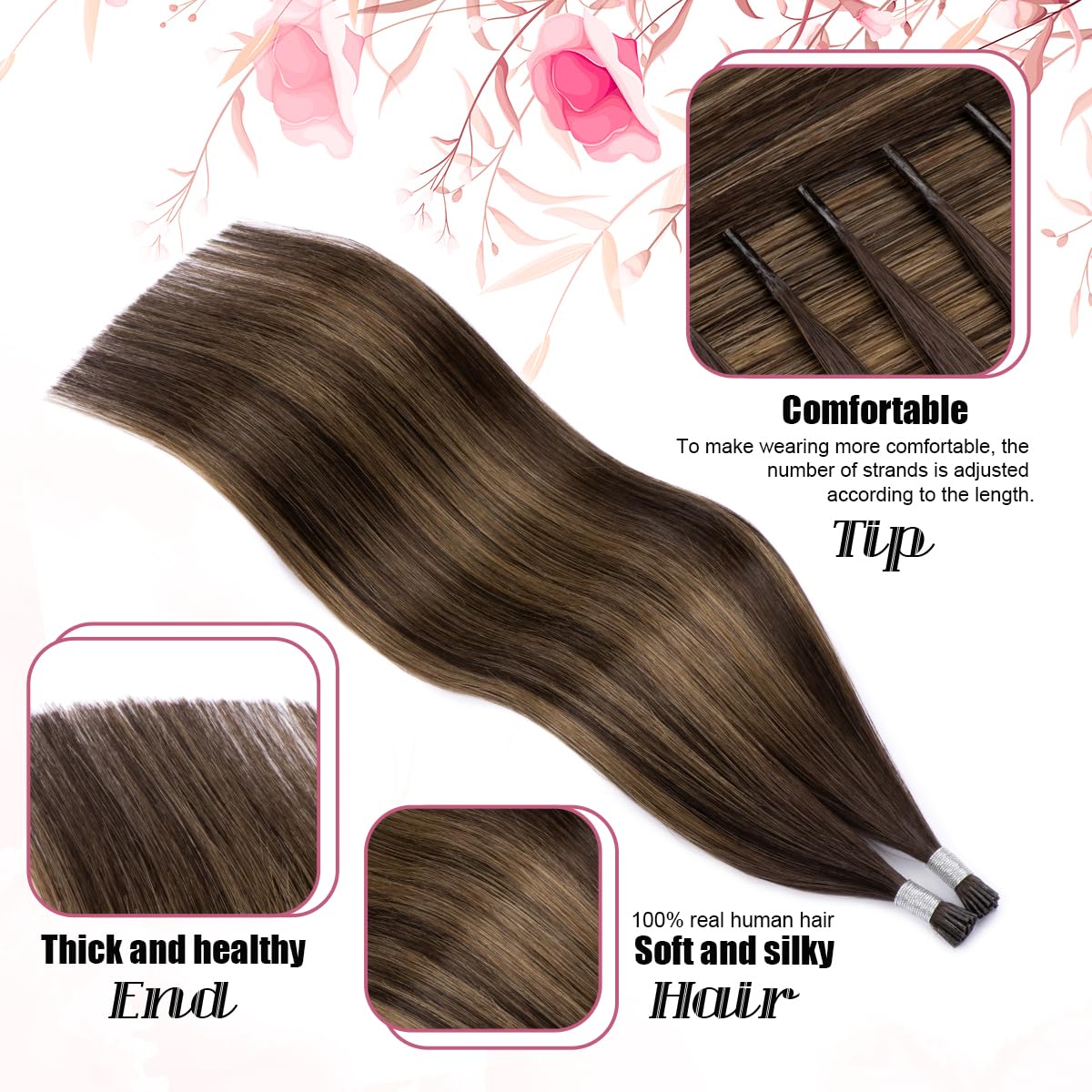 Itip Hair Extensions Fusion Remy Hair Extensions 18 Inch Dark Brown to Ash Brown Highlights Natural Straight Hair I Tip Real Human Hair Extensions for Women 50s 50g #2/8/2