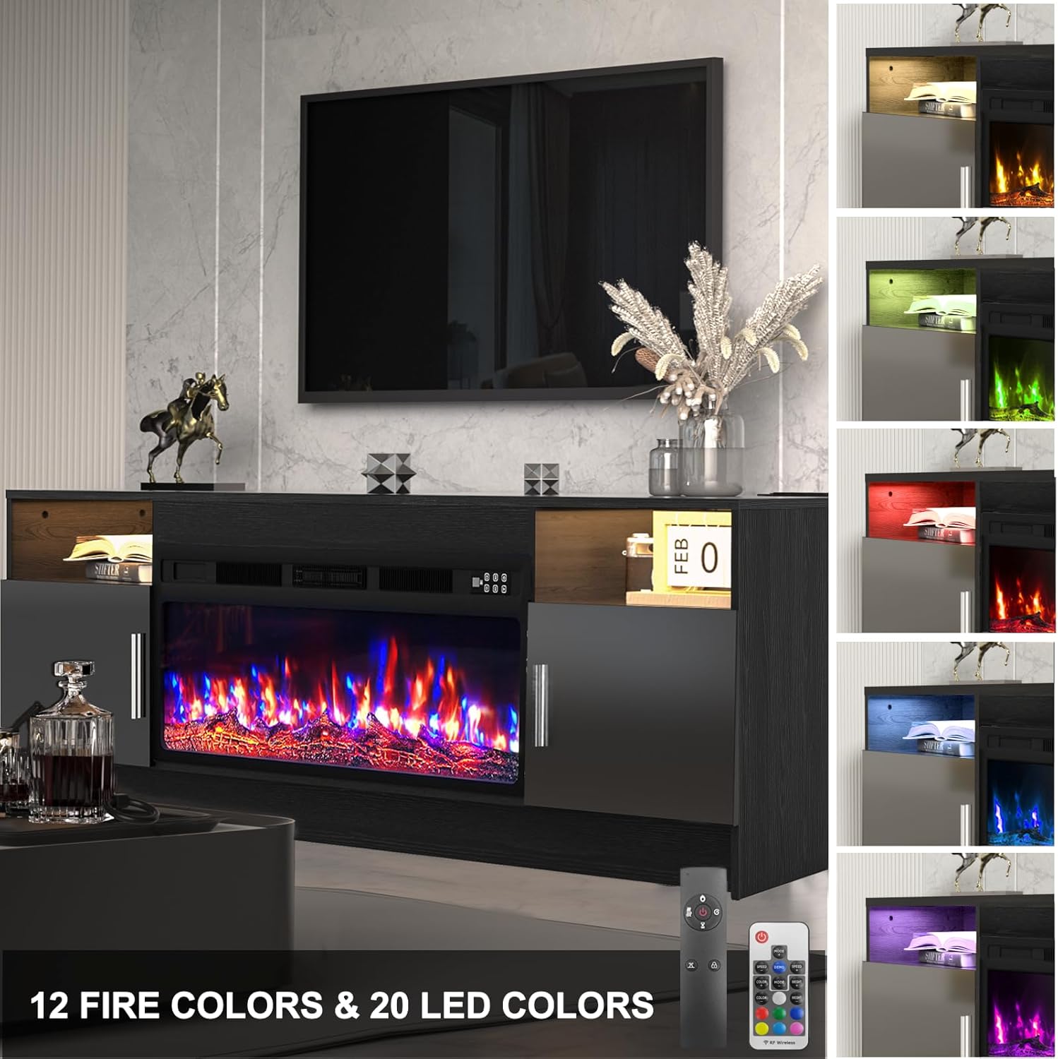 Kucreiheat Black TV Stand with Fireplace, Led Lights-Entertainment Center for Up to 80 inch TV-Modern TV Console for Living Room with Storage Cabinet, Faux Log Fireplace TV Stand