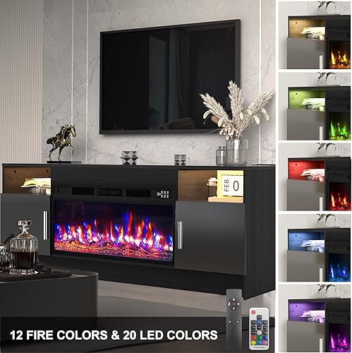 Miniatura 4 de Soporte de TV negro con chimenea, luces LED, centro de entretenimiento para TV de hasta 80 pulgadas, consola de TV moderna para sala de estar con