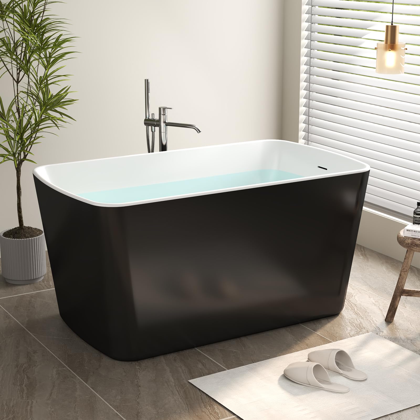 Zevemomo 49" Acrylic Freestanding Bathtub, Modern Deep Soaking Tub with Brushed Nickel Overflow and Drain, cUPC Certified Free Standing Tub, Black