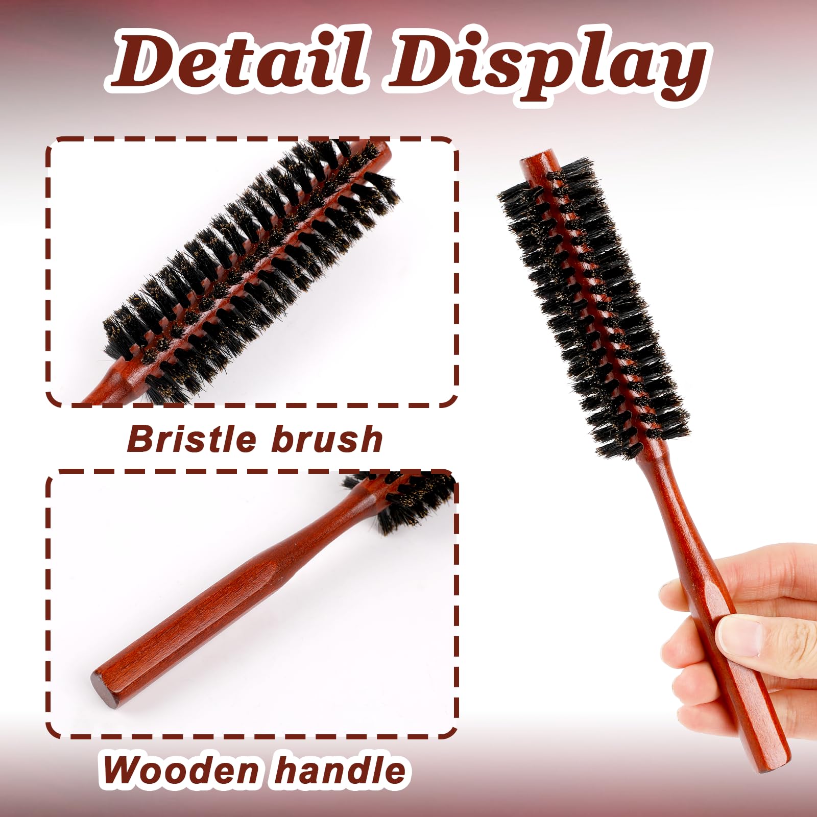 Small Round Hair Brush, Portable Natural Boar Bristle Hairbrush with Wood Handle Mini Bangs Travel Roll Circular Brush - Image 3