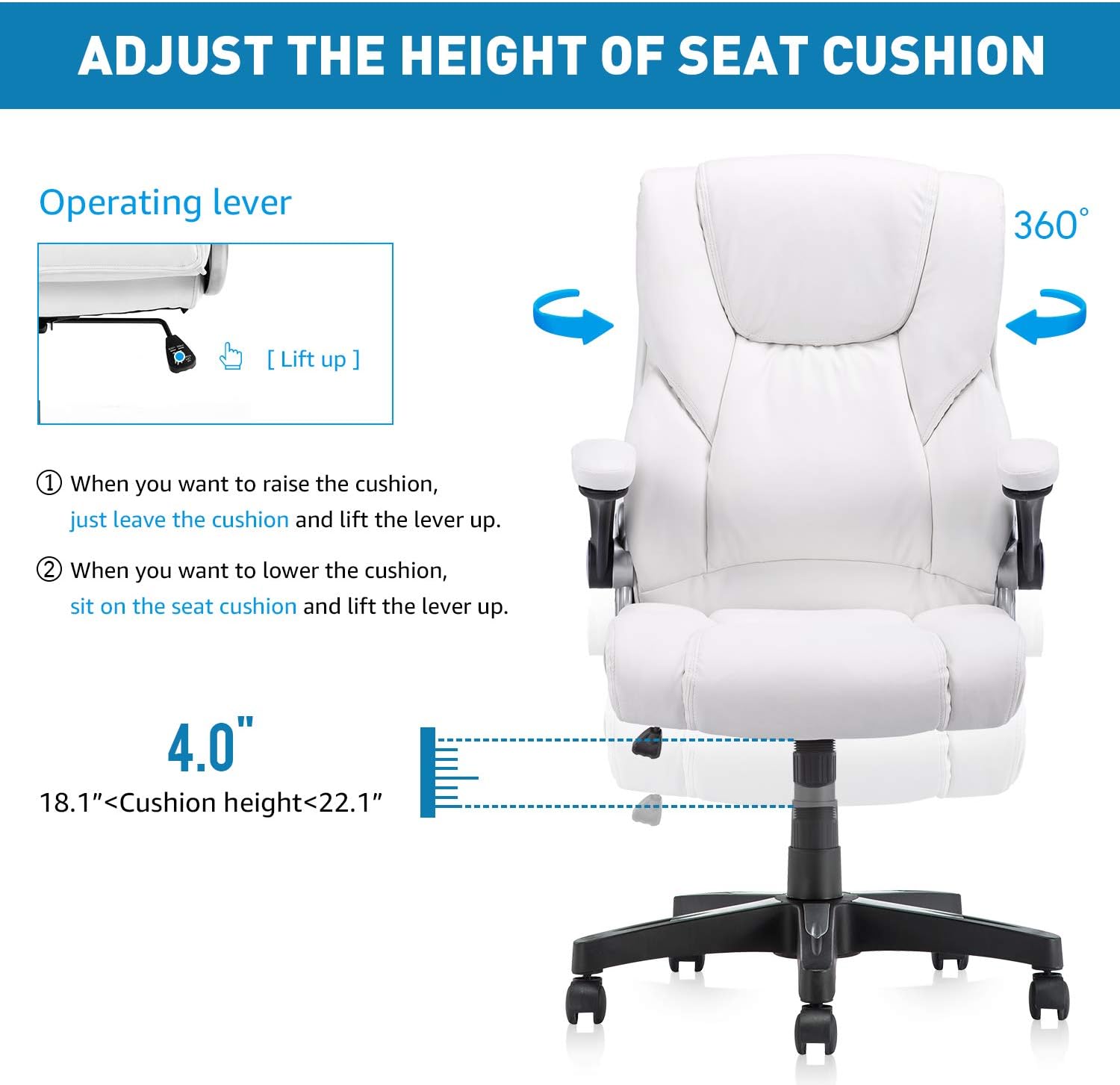 B2C2B High Back Ergonomic Home Office Chair White Leather Computer Executive Desk Chair Modern Racing Chair Adjustable with Flip-up Arms Lumbar Support 280lbs