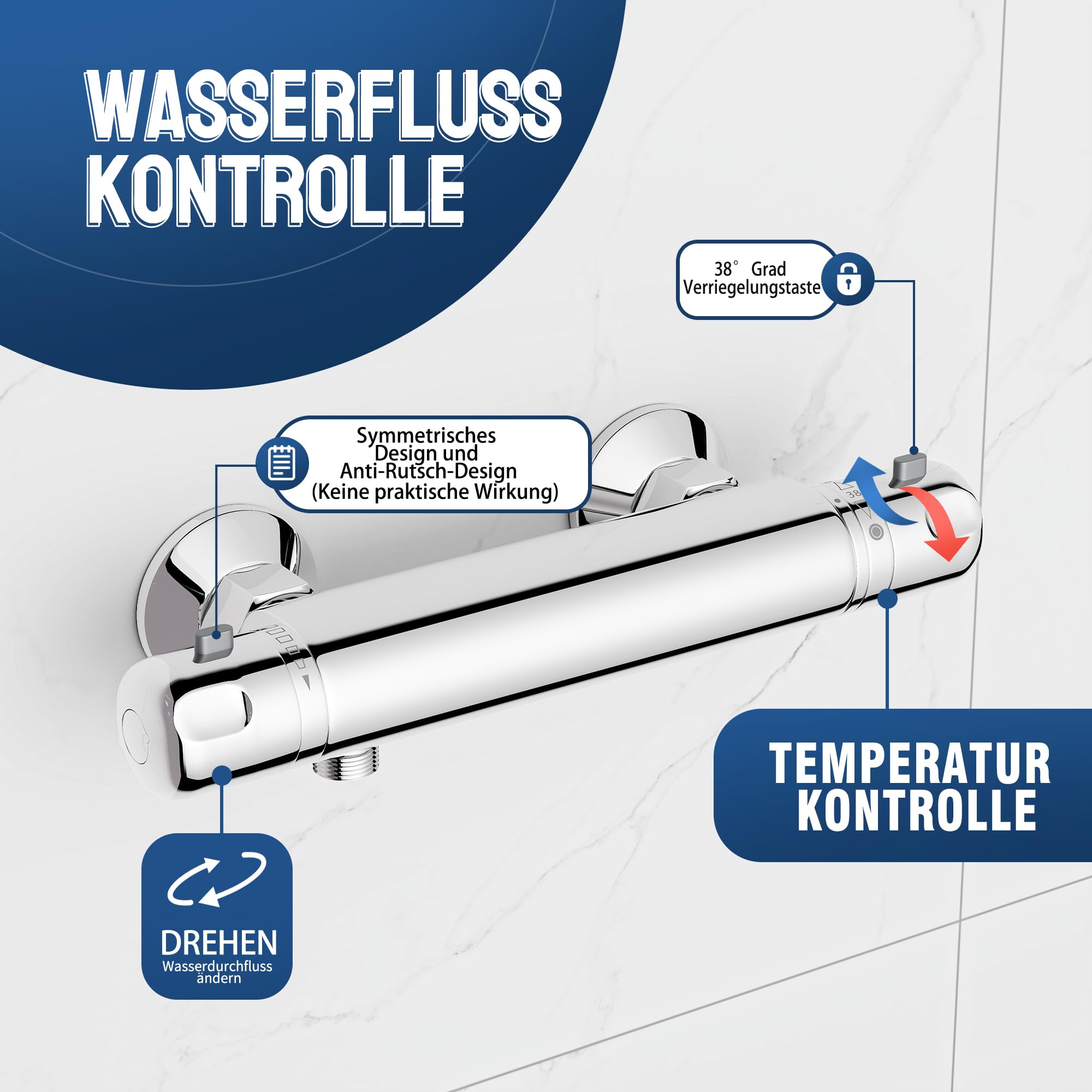 MORADO Thermostat Duscharmatur,Thermostat Brausebatterie,Mischbatterie mit Verbrühschutz bei 38℃,Chrom
