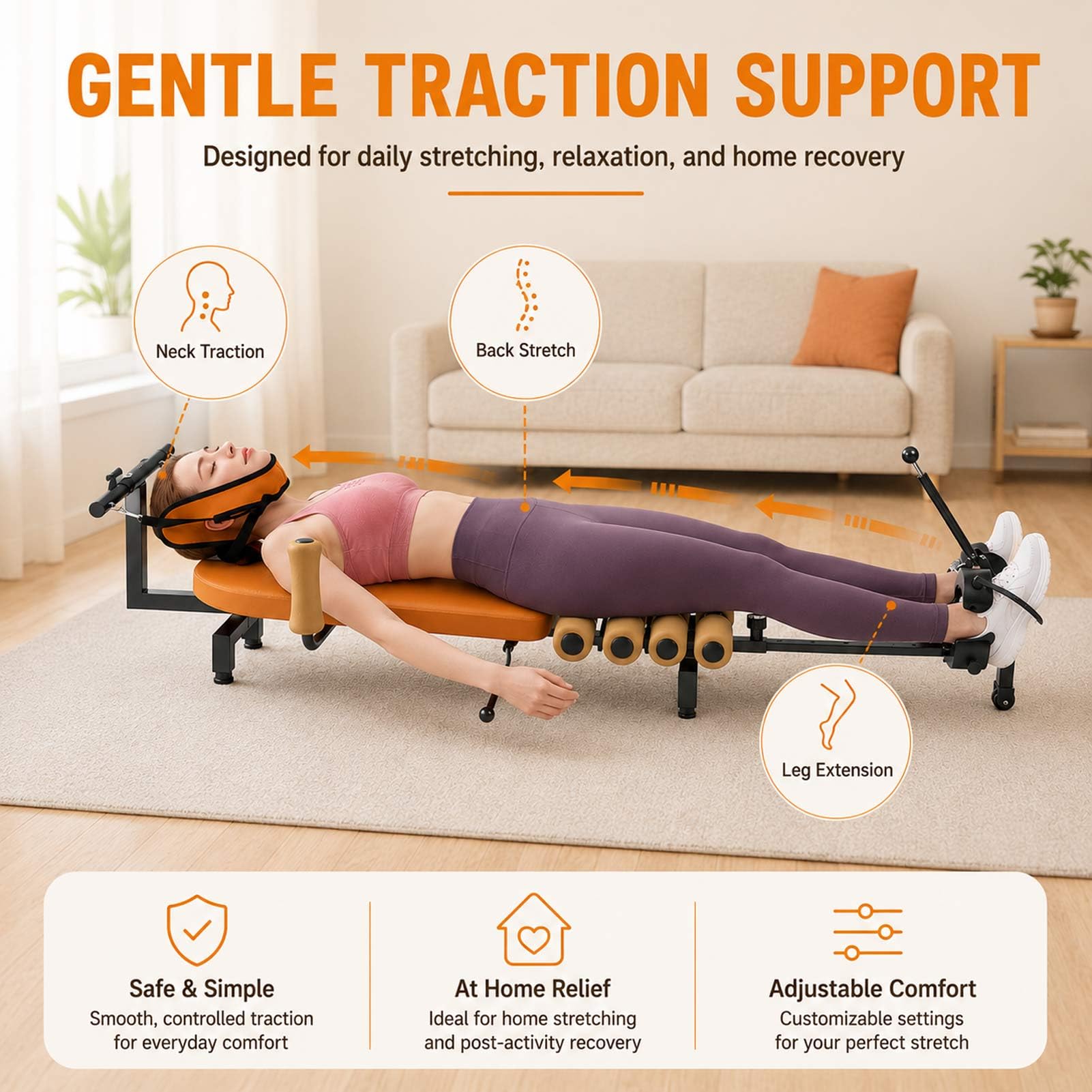Machine de traction pour le cou et le dos, dispositif de décompression rachidienne réglable de 140 à 185 cm, civière dorsale non inversée, table de traction lombaire de 130 kg pour la relaxation à la