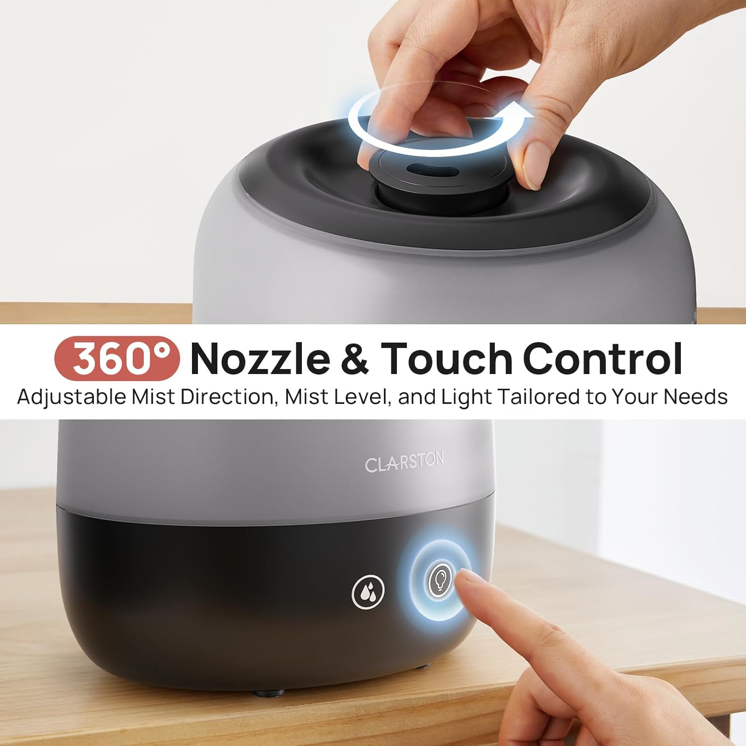Clarston Humidifiers for Bedroom, 2L Top Fill with 360° Nozzle for Large Room, 7-Color Night Light, 24dB Quiet Cool Mist Air Humidifier for Baby Nursery & Plants, No BPA, Auto Shut Off, Easy to Clean