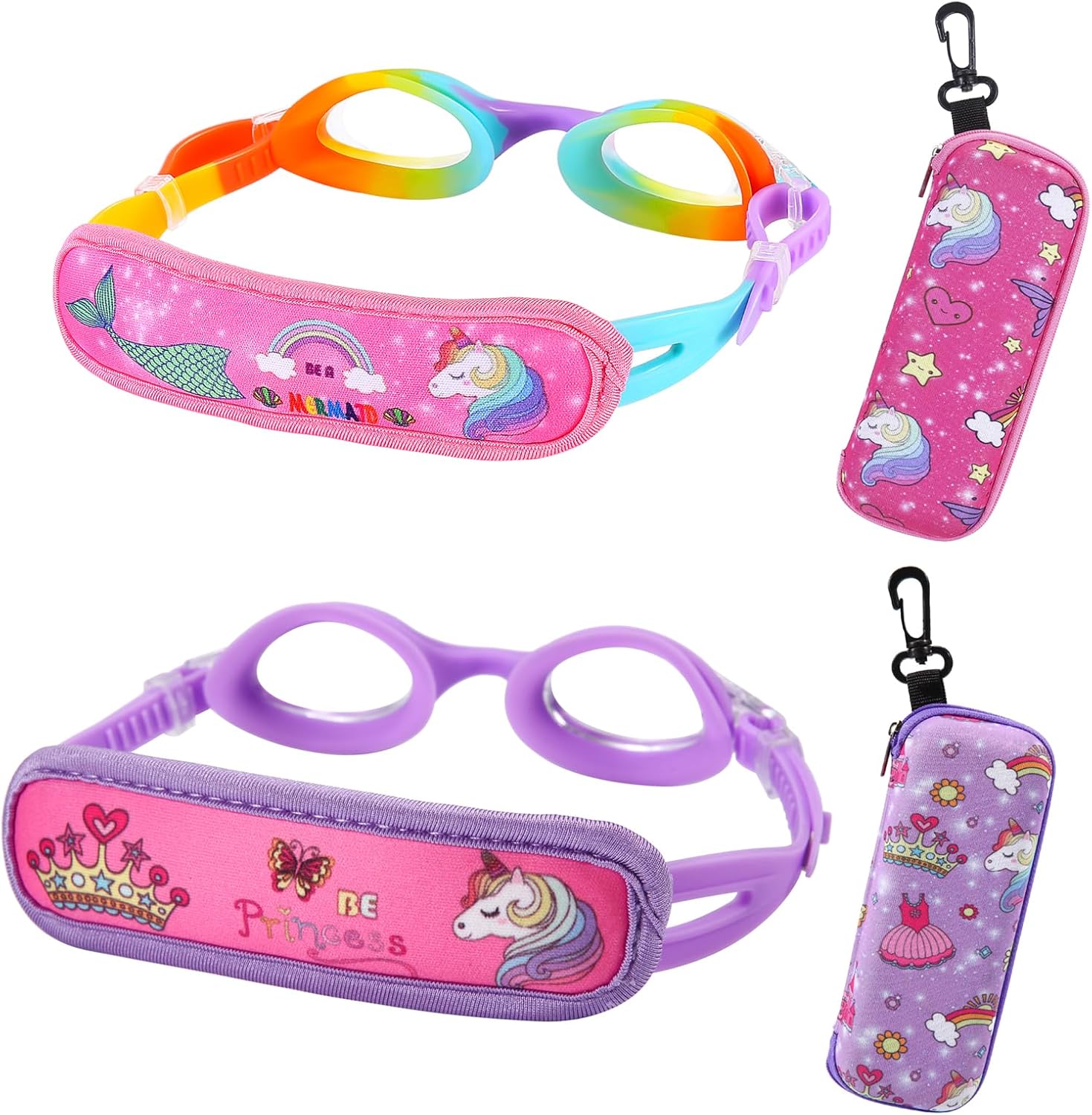 kids swim goggles age 2-6, toddler goggles no hair pull,child goggles padded headband 2pk kids - rainbow / purple