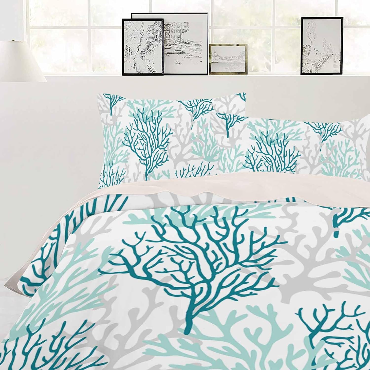 Turquoise Grey Coral Bedding Duvet Cover Queen Size - 1 Quilt Cover 90x92 Inches with Zipper Closure and 2 Pillowcases,Coastal Gradient Teal Gray Modern White Patterned Comforter/Blanket Cover