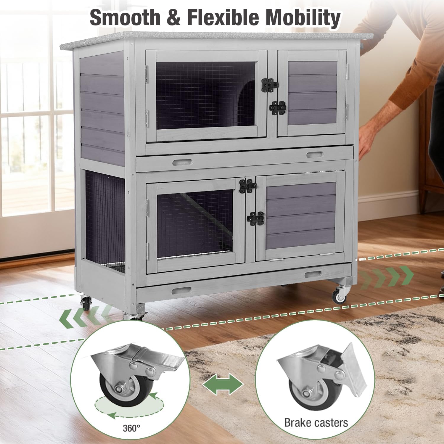 Rabbit Hutch Indoor Outdoor, Large Bunny Cage with Wheels, 2-Tier Wooden Rabbit Cage, Chew-Proof Ramp with Metal Edges, Dual Pull-Out Trays, Bunny House for Rabbits & Guinea Pigs-Grey