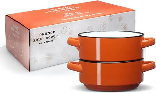 Miniatura 2 de ECODECO Tazones de cerámica para sopa de naranja con asas, 16 onzas, juego de 2 unidades, para tartas de sopa de galletas y tartas