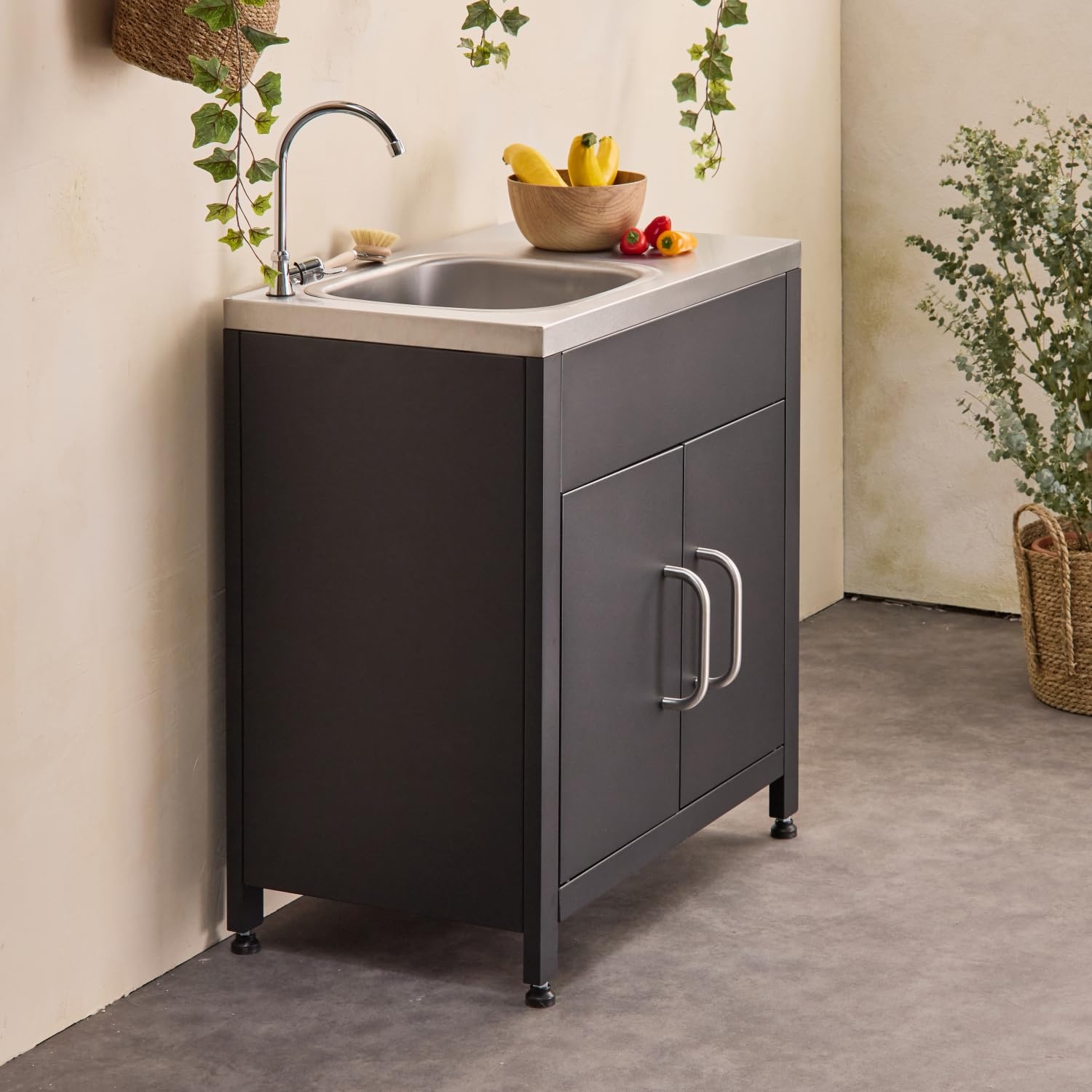 Modulo cucina da esterno in acciaio con lavello, 80cm Nero - 70x46x51 cm