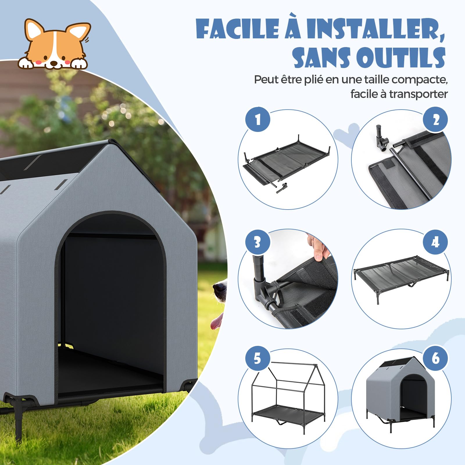 COSTWAY 2 en 1 Niche pour Chien Exteriéur Intérieur, 75x110x106 cm, Fenêtre Ventilée, Housse Amovible, Chenil pour Chien Exterieur, Tissu Oxford, Base Surélevée, pour Moyen Grand, Capacité 40 kg