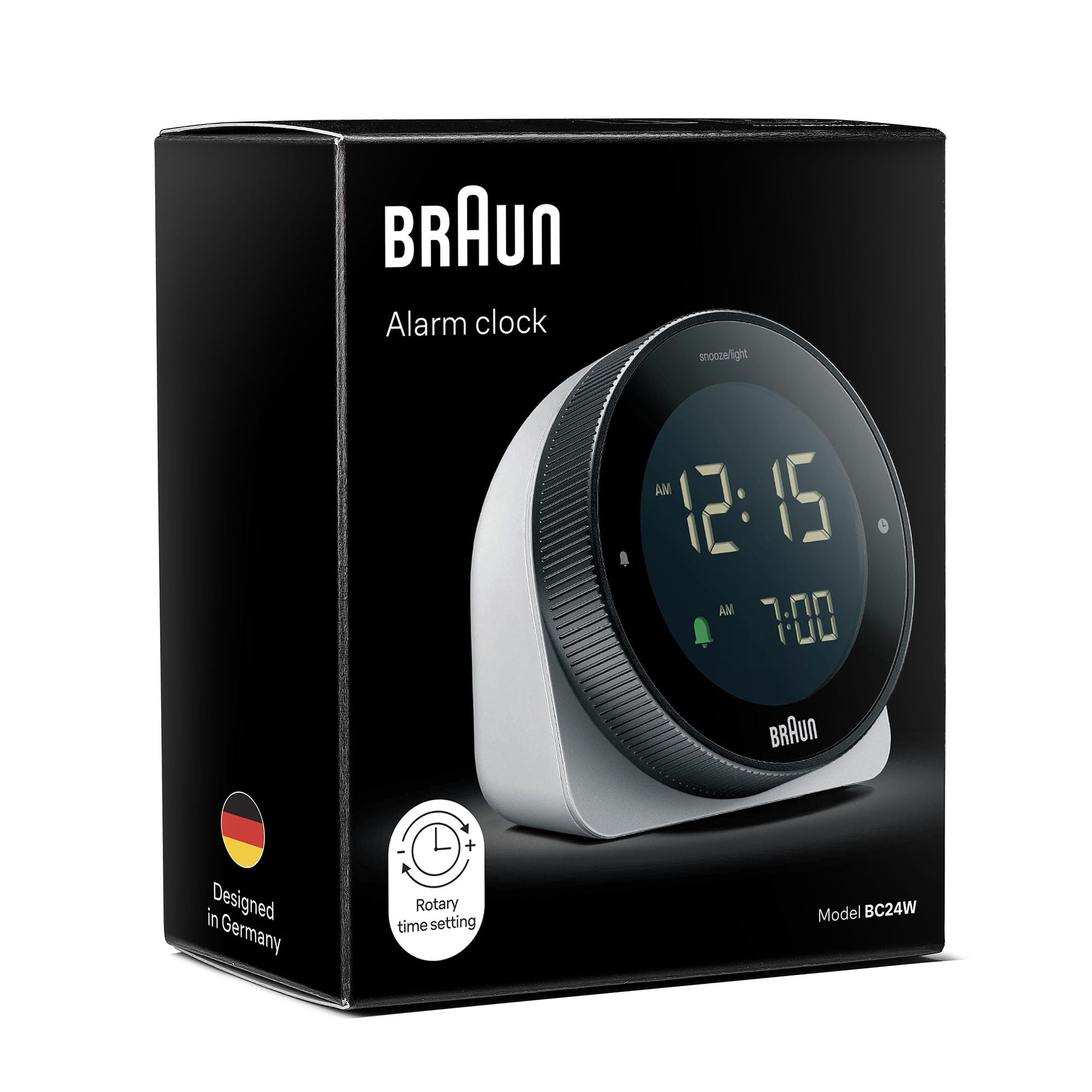 Braun Digitalwecker mit Schlummerfunktion, negativer LCD-Anzeige, drehbarer Lünette für schnelle Zeiteinstellung, Crescendo-Piepton-Alarm in Weiß, Modell BC24W.