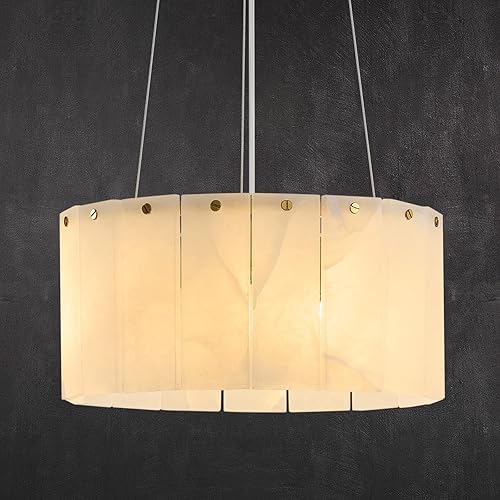Modern Luxury Round Alabaster Chandelier: 11.8" Contemporary Natural Spanish Marble