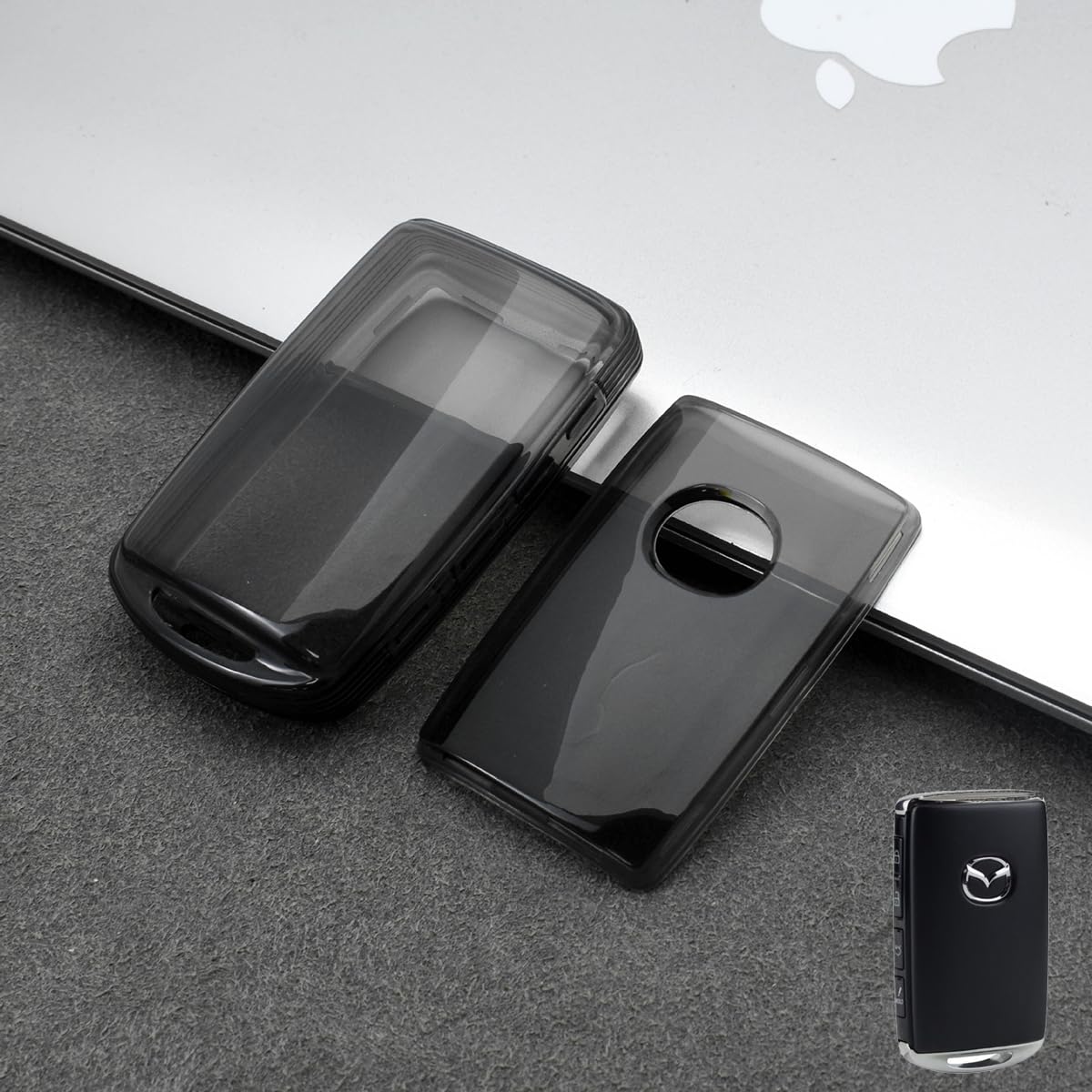 Holy Feather 360-Degree Protection TPU Key Fob Cover Compatible with 2019~2023 Mazda 3 6 CX-30 CX-5 CX-9 CX-50 Key Fob Cover Transparent Full Protection Key Shell Anti-Drop Design (Smoke Color)