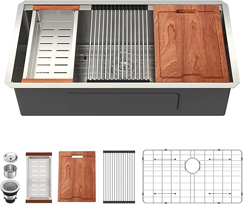 Miniatura 184 de Lordear Fregadero de cocina de montaje inferior de 23 pulgadas, estación de trabajo, fregadero de cocina de acero inoxidable calibre 16, cuenco