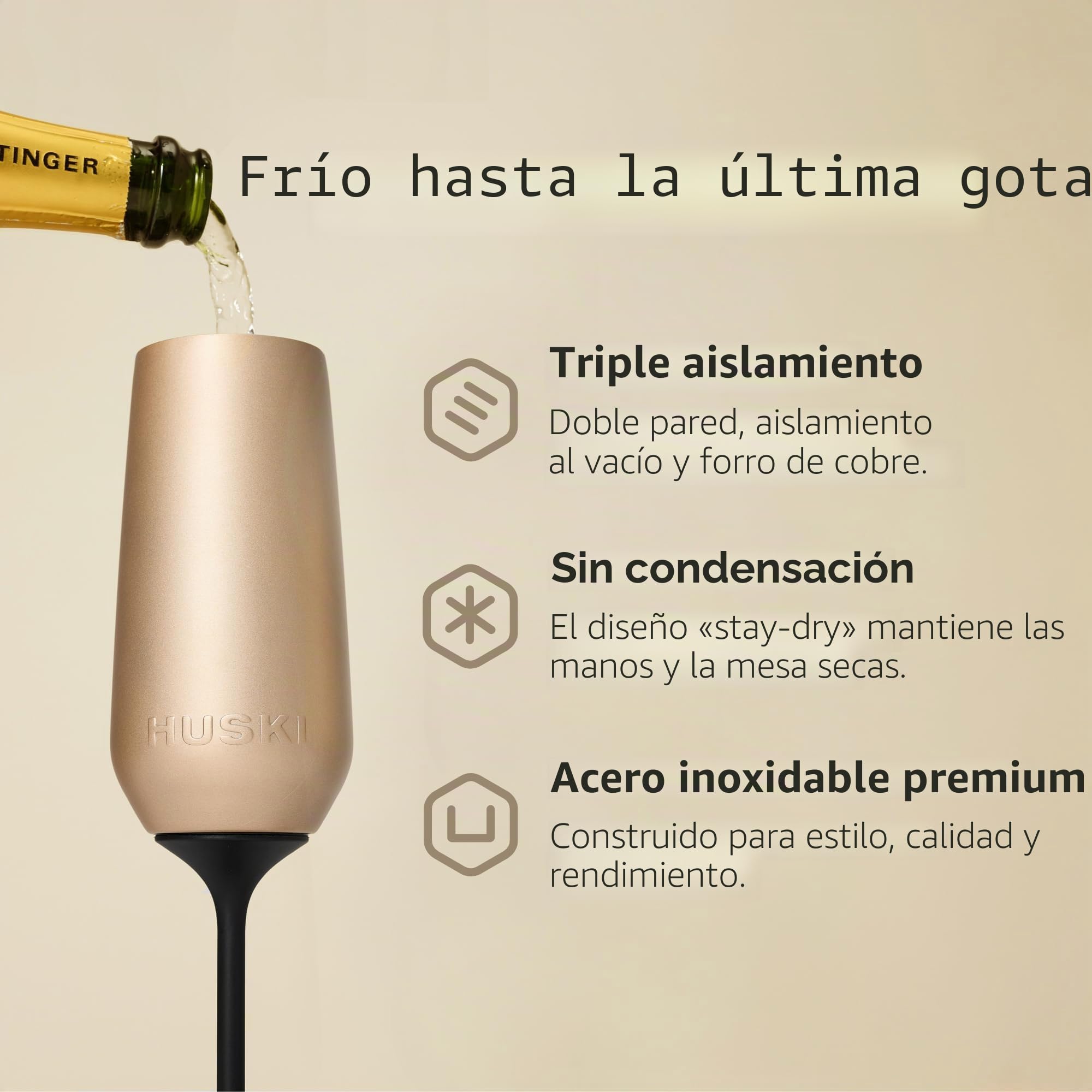 Huski Flauta de champán NUEVO | Copa de champán de acero inoxidable premium con tapa | Vaya con o sin tallo con tallo desmontable | Vaso con triple aislamiento | Capacidad de 240ml (Champán)