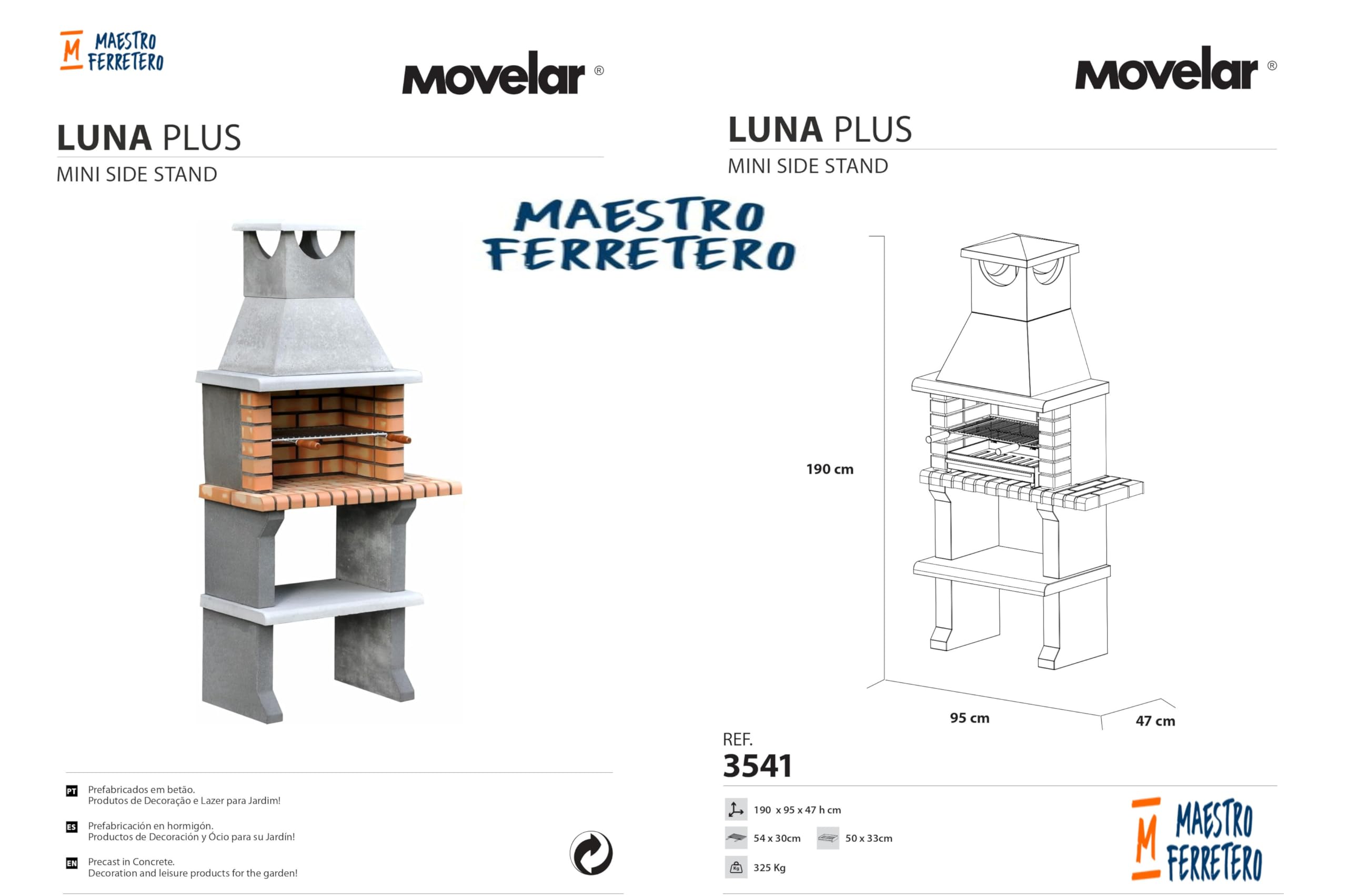MOVELAR - Barbacoa de Obra Prefabricada de Leña y Carbón Modelo Luna Plus XL (Gris, Naranja - 95 x 47 x 190 cm) REF: 3541 - Cocina de Exterior Compacta para Jardín, Terraza o Patio