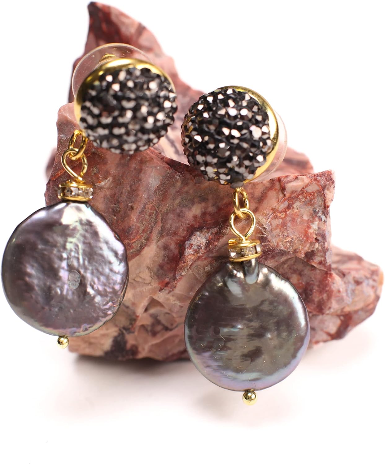 Natural Freshwater Peacock 14mm Large Coin Pearl High Luster Dangling with Black Crystal Pave Ball Gold Earrings, Valentine, Bridesmaid, Gift