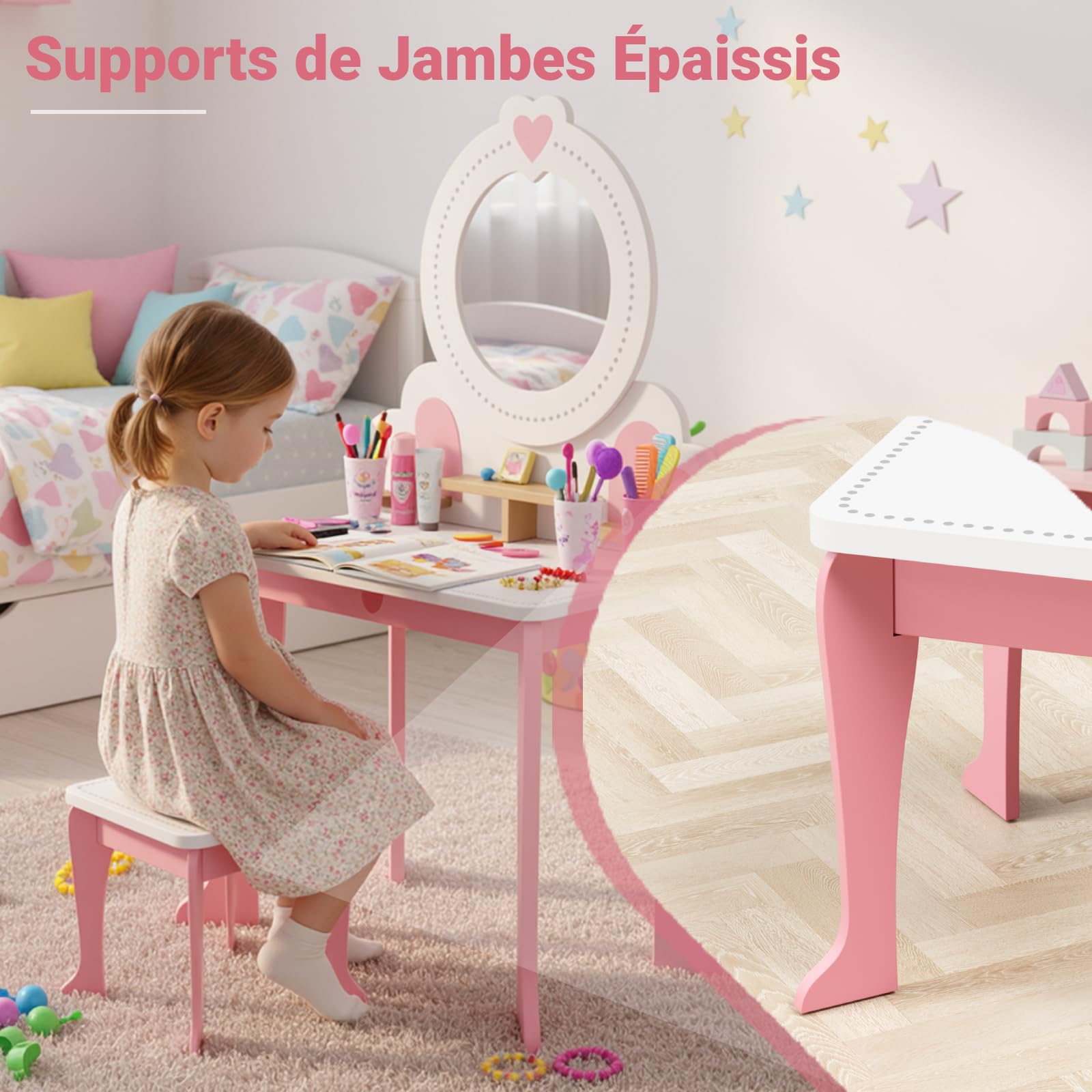 Clevich 2 en 1 Coiffeuse Enfant, Coiffeuse pour Fille avec Miroir et Tabouret Enfant, Bureau pour Enfants, Table de Maquillage pour Enfants 3 à 8 Ans (Rose)
