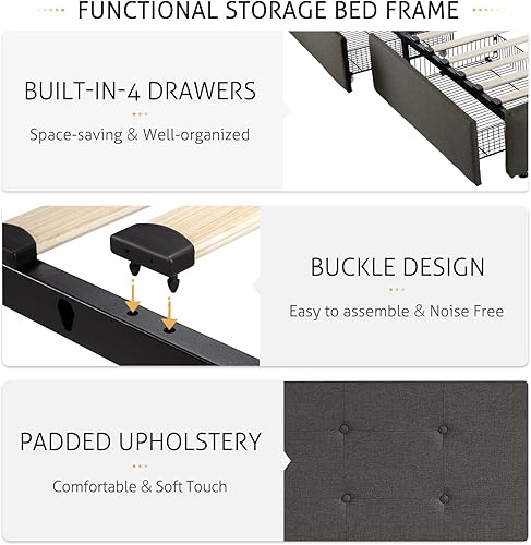 Miniatura 6 de SHA CERLIN Base de cama tapizada de tamaño matrimonial con cabecera ajustable y 4 cajones de almacenamiento debajo de la cama, no necesita somier,