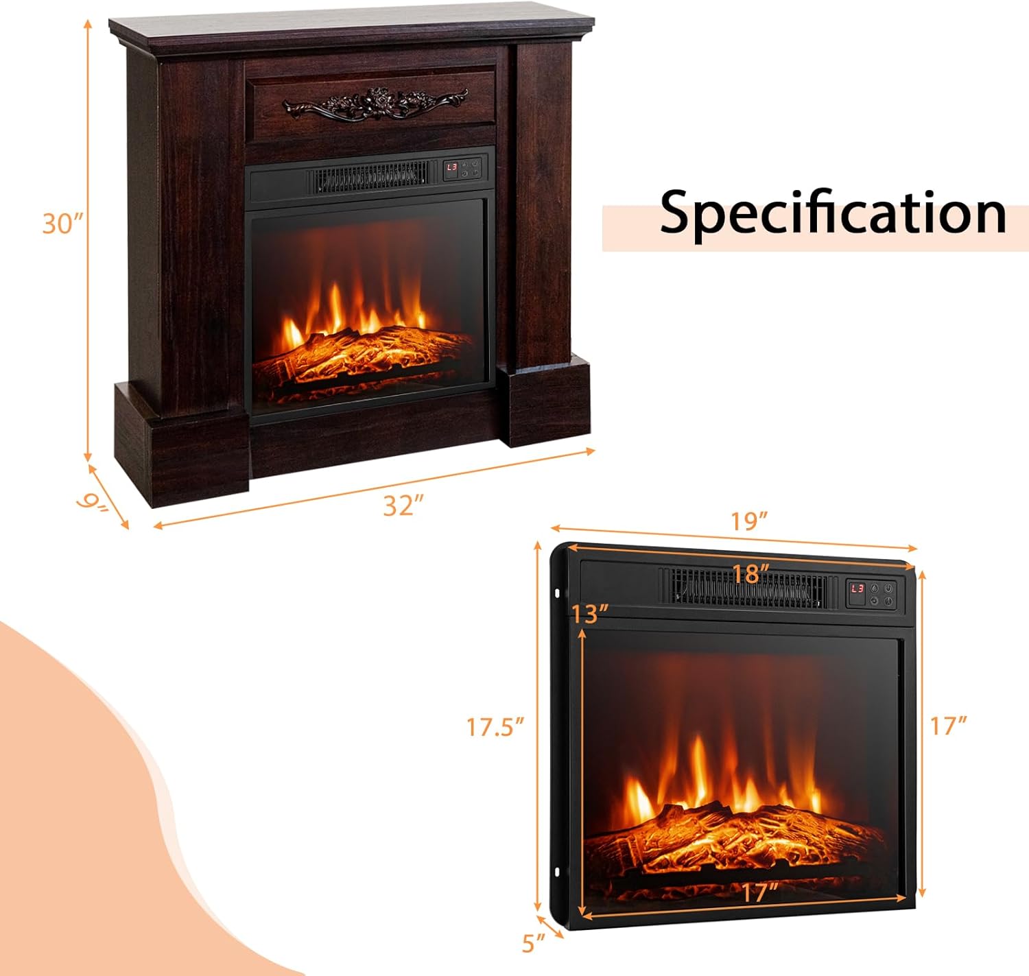 COSTWAY 32-inch Electric Fireplace with Mantel, 1400W Freestanding Fireplace Heater with Remote Control, Thermostat, 6H Timer, Adjustable 3D Flame Effect, Fireplace Mantel for Living Room, Brown
