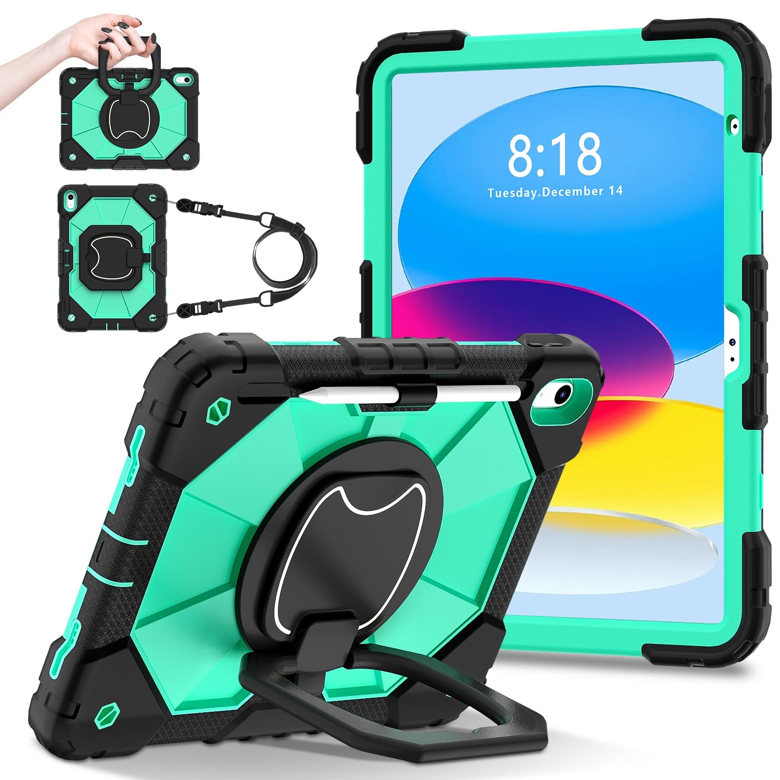 Pokrowiec ochronny na tablet Etui na tablet kompatybilne z iPadem 10. generacji 10,9 cala Wydane w 2022 r. Wytrzymałe, odporne na wstrząsy etui ochronne Cove Z obrotową podpórką 360 + pasek na rękę +