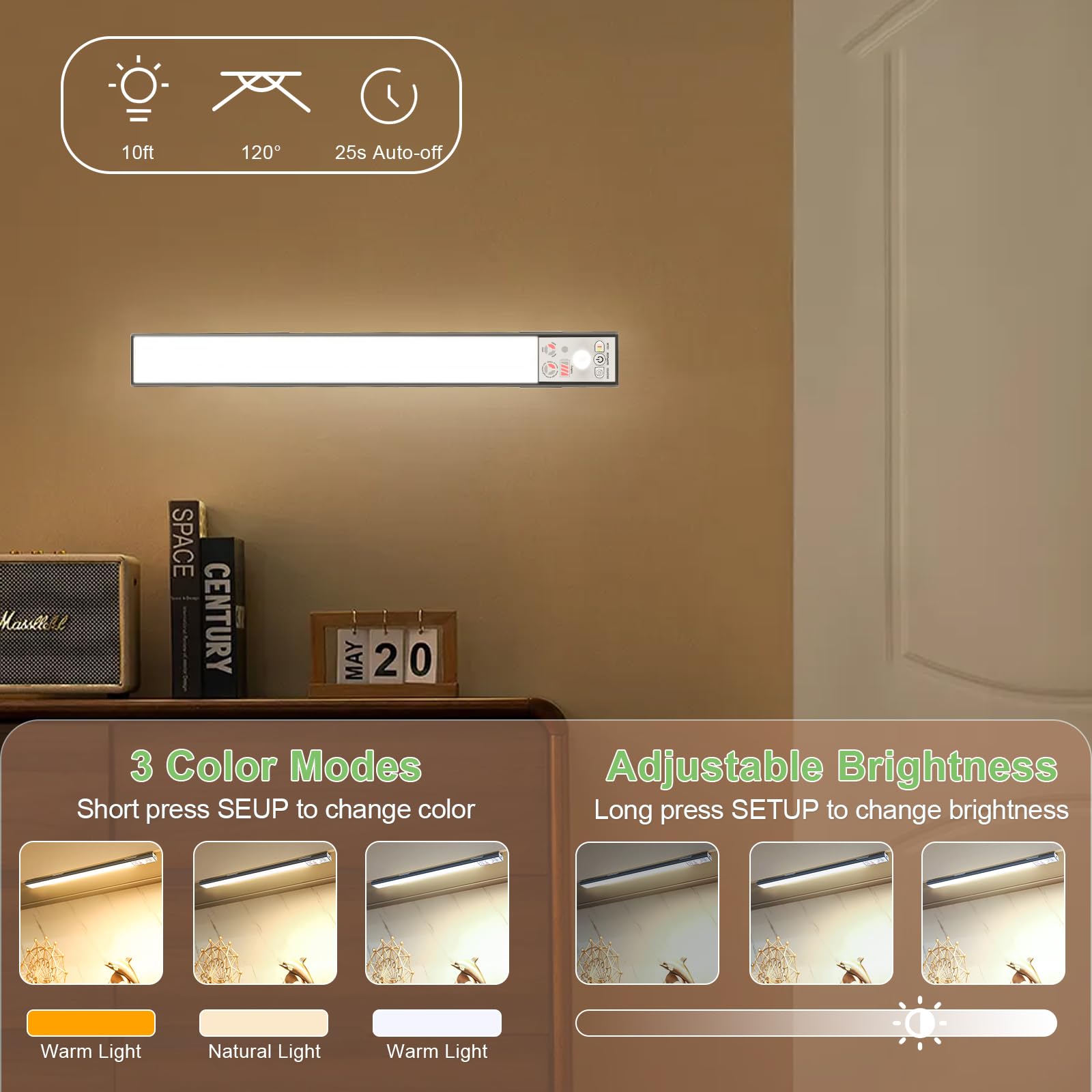 WOLDFY 3 Color Tempers Dimmable Under Cabinet Lights Wireless[2 Pack], Rechargeable LED Motion Sensor Lighting Indoor, Magnetic Closet Lights (Black-with Indicator-2500mAh)