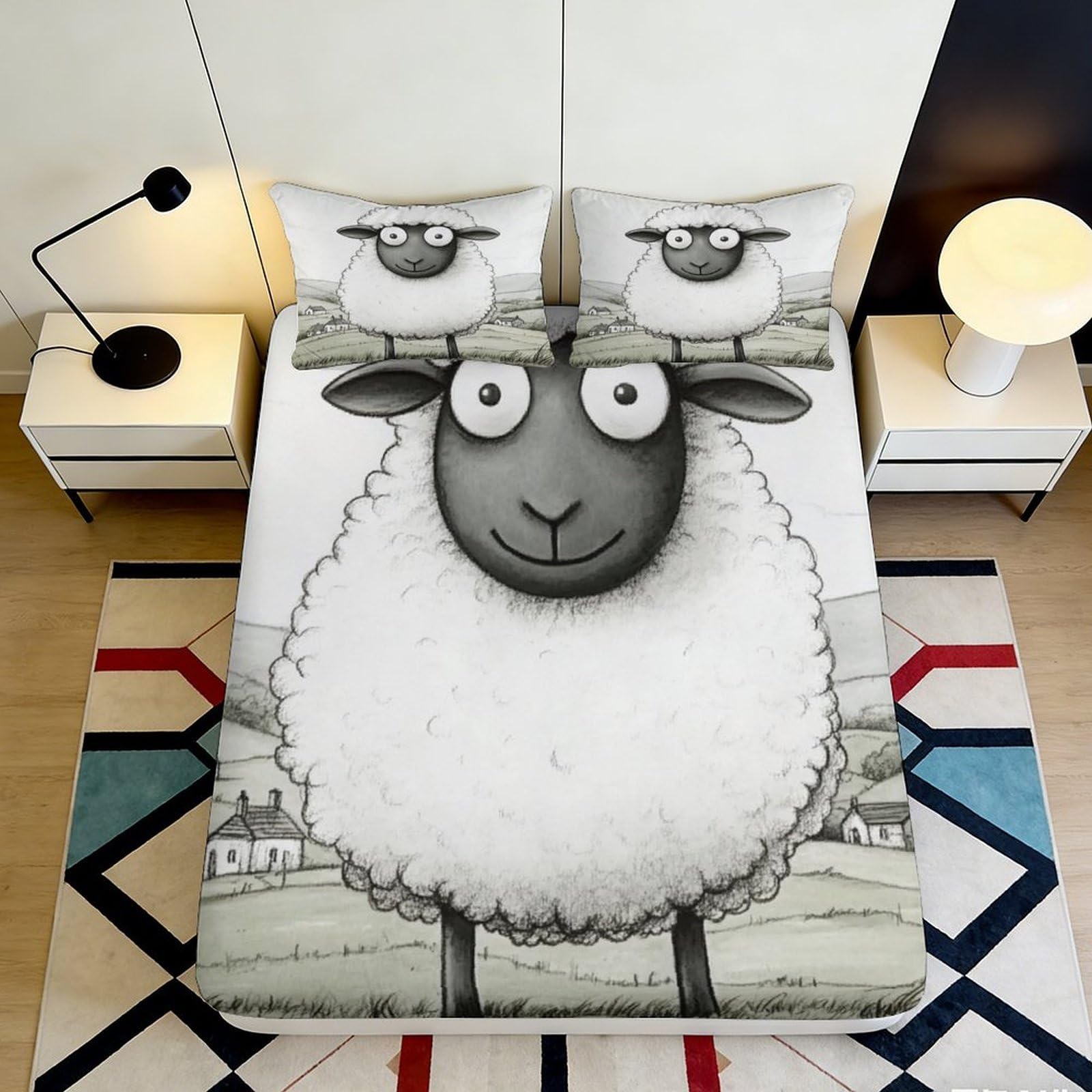 3D Printed Cartoon Sheep Fitted Sheet Microfiber Soft Durable Farm Animal Bed Cover for Bedroom Dormitory Guest Room Mattress Protection 120x200x25cm