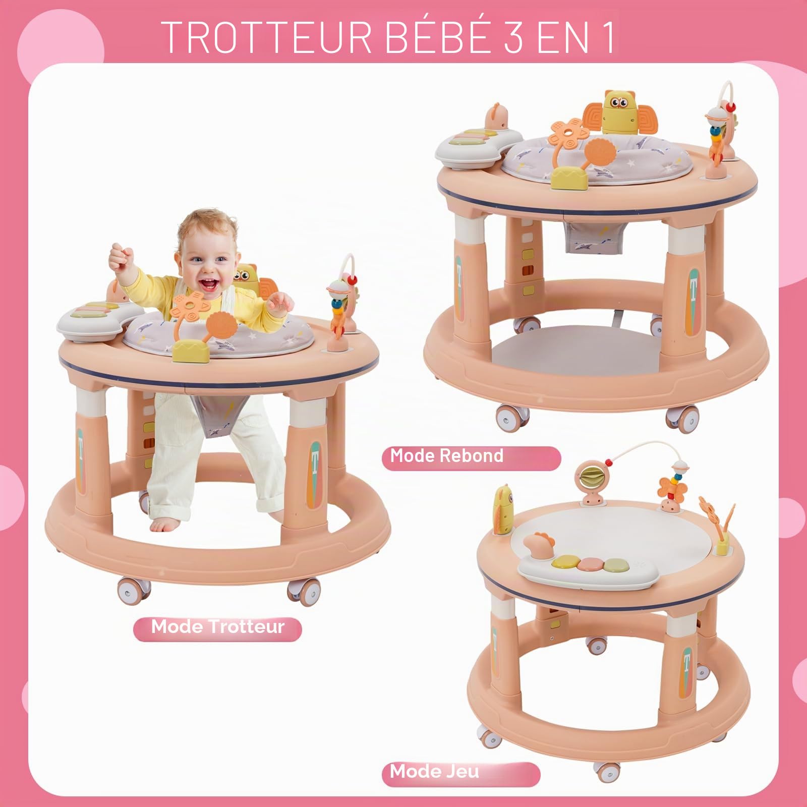 Bébé Trotteur 3 en 1(mode Marcheur, Table d'étude, Sauteur), Réglage de la hauteur sur 5 Niveaux, Design anti-O-Legs,Roues Silencieuses à 360°–Convient aux Filles à partir de 6 Mois Rose