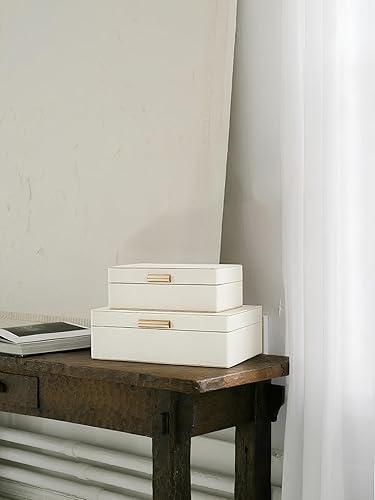 Miniatura 4 de Shagreen - Juego de 2 cajas decorativas de cuero marfil con tapas, modernas cajas apilables con asas doradas para organizar la decoración del hogar