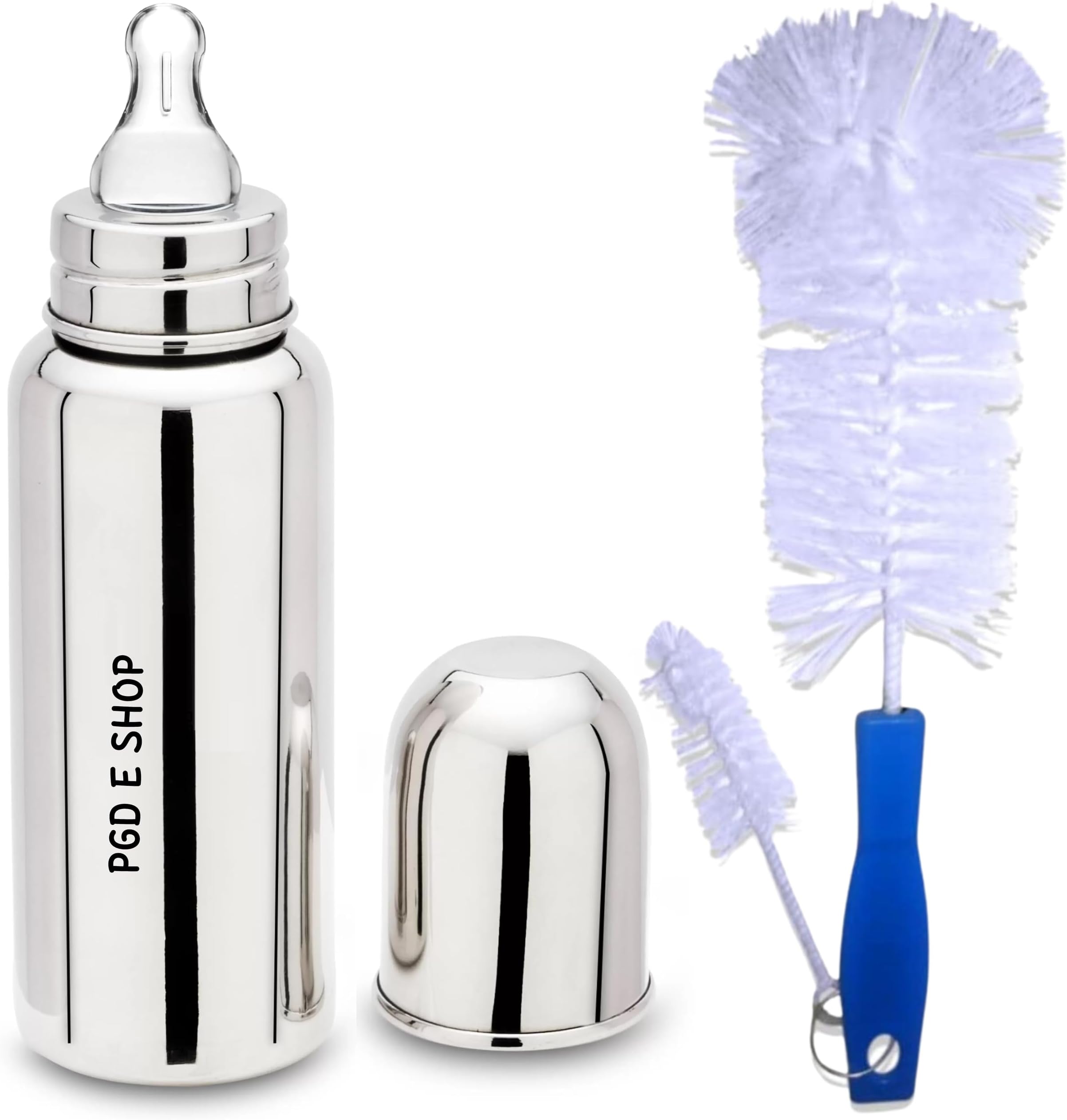 PGD Premium Stainless Steel Baby Feeding Bottle with Cleaning Brush for Milk/Water Feeding (Regular 300ml with Brushes)