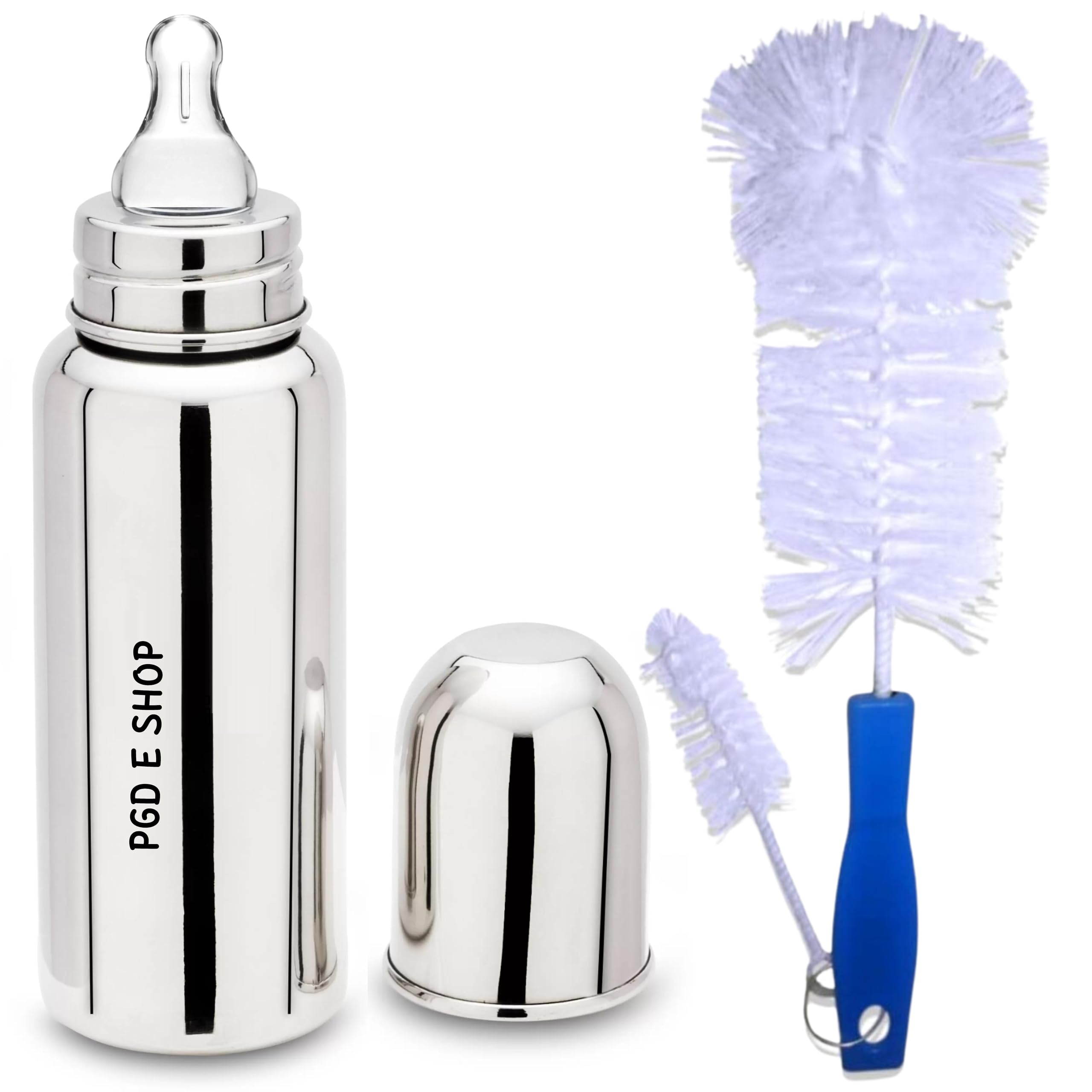 PGD Premium Stainless Steel Baby Feeding Bottle with Cleaning Brush for Milk/Water Feeding (Regular 300ml with Brushes)